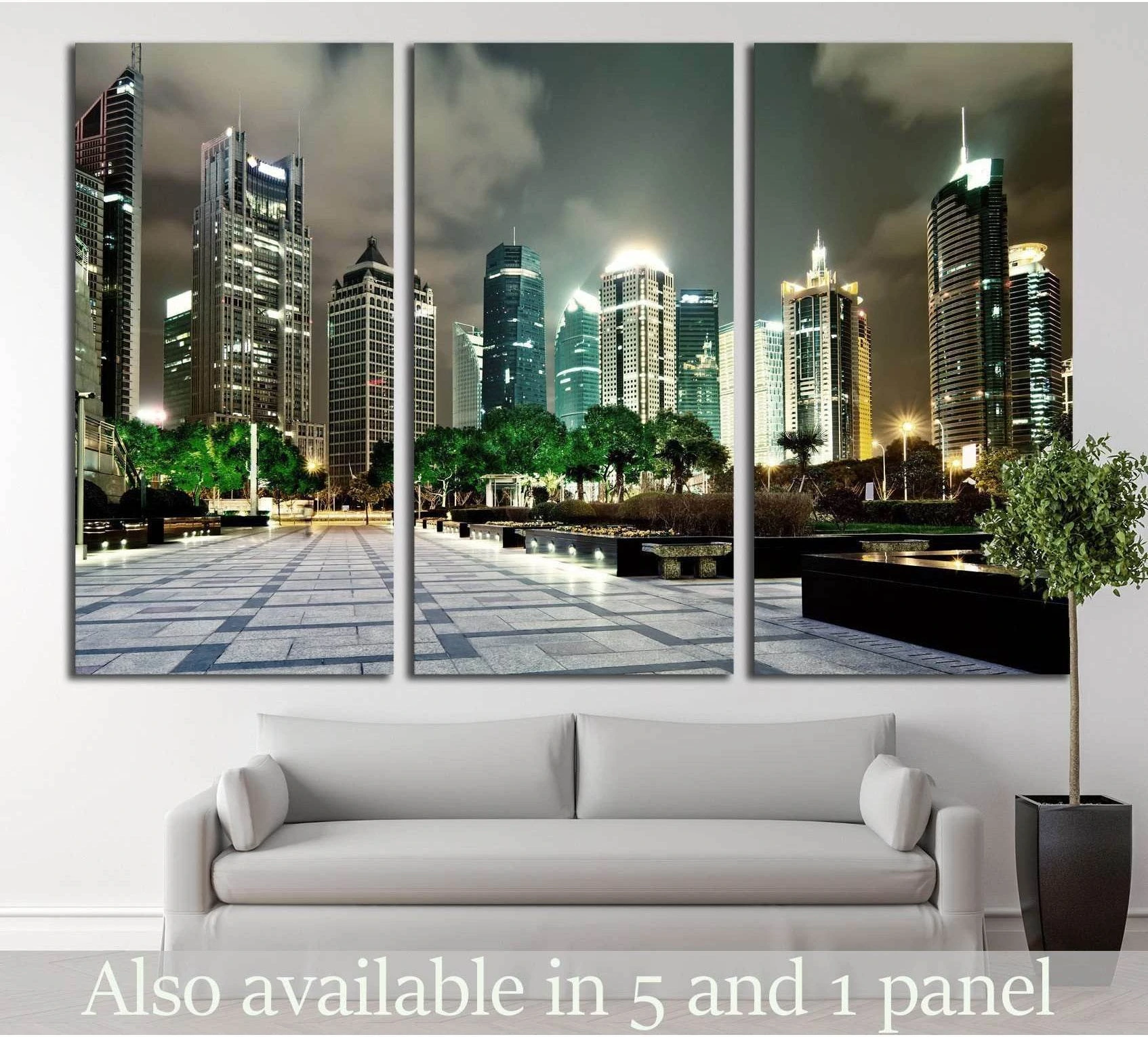 Shanghai skyline triptych canvas print above a sofa in a modern living room