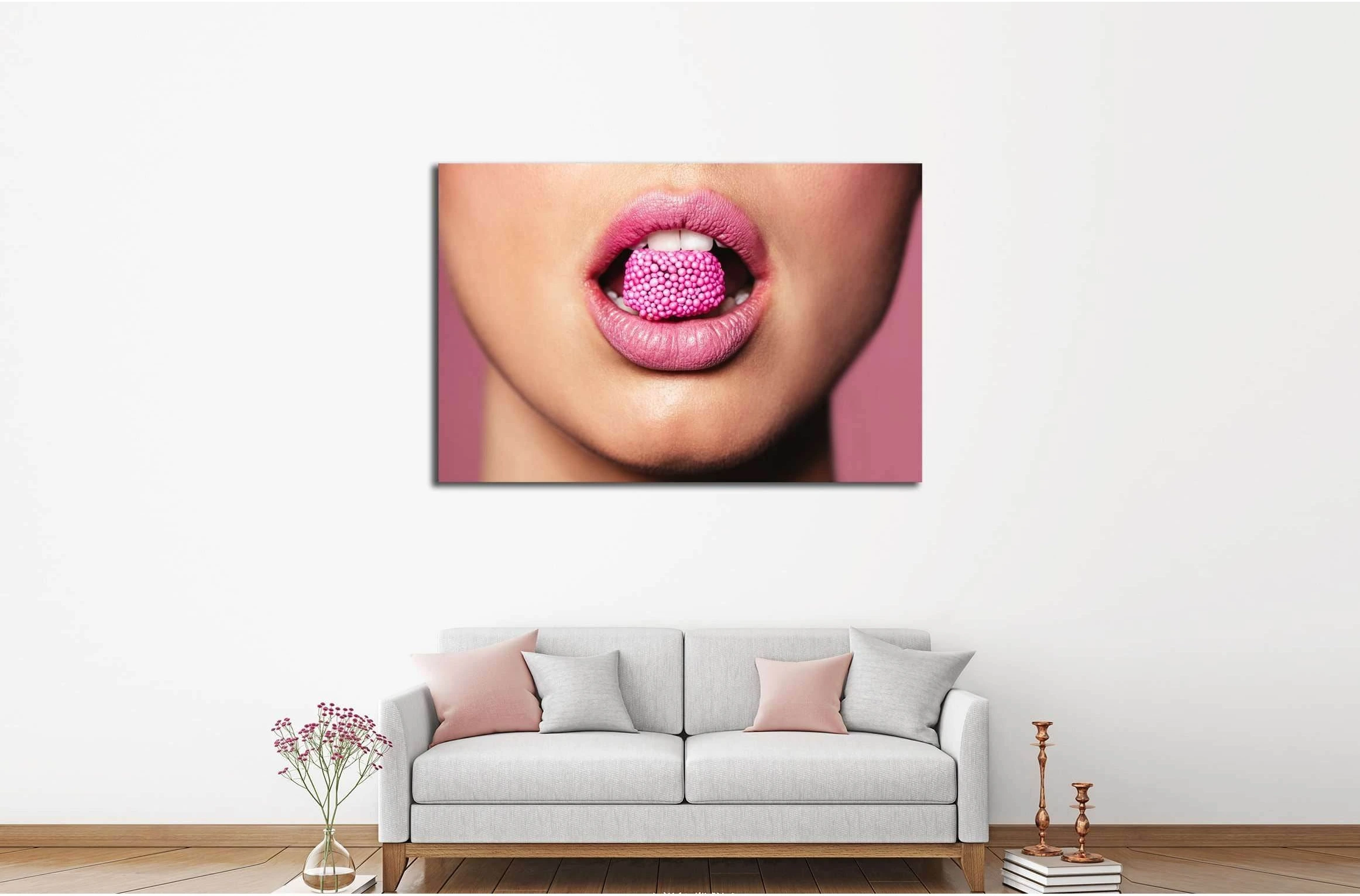 Beautiful pink lips with a piece of sweet candy. №2755 Ready to Hang Canvas Print - Zellart Canvas Prints ALL_Products, s-2755