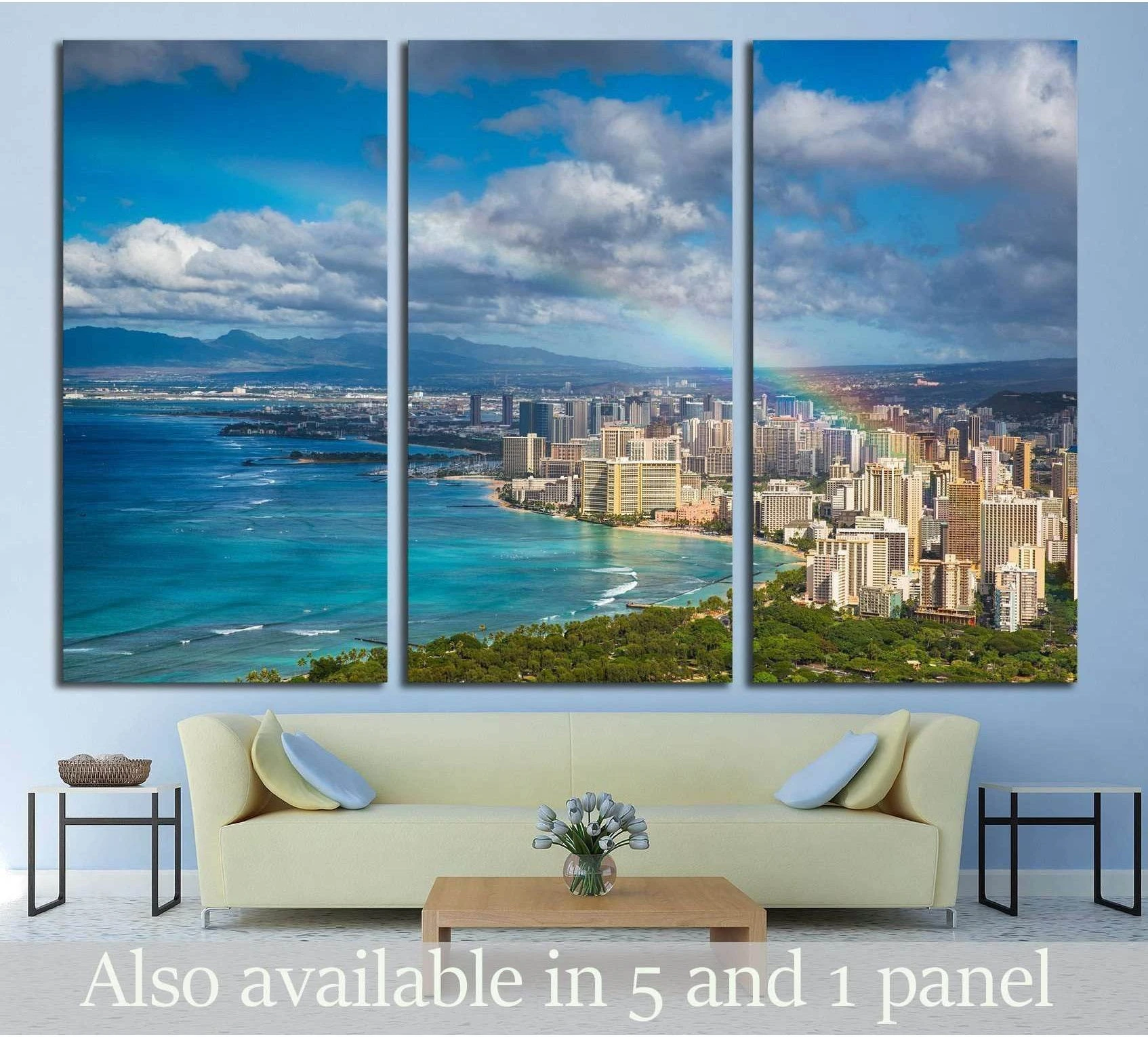 Waikiki rainbow canvas print with Honolulu skyline and turquoise ocean in a modern living room