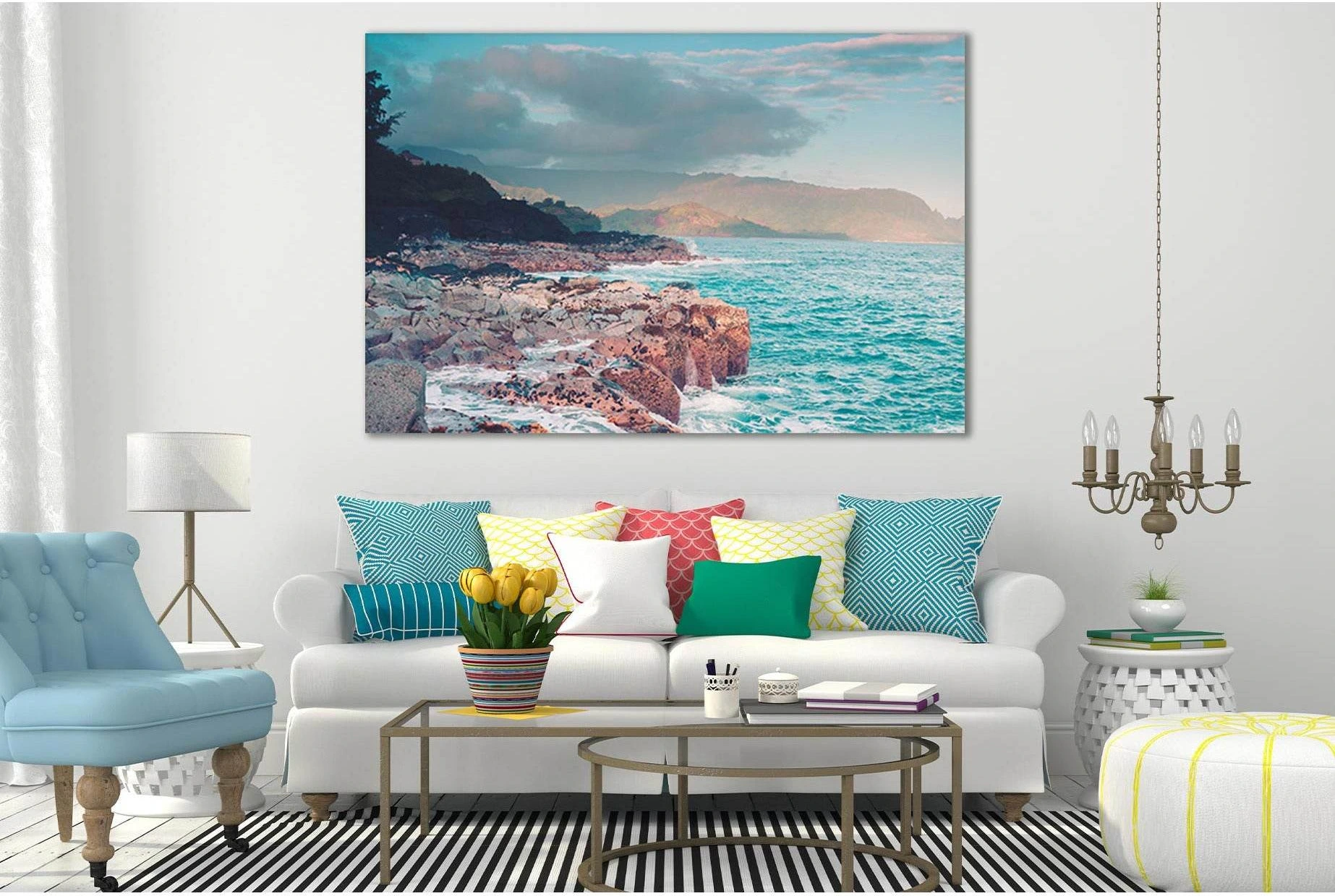 Turquoise Ocean Waves Over Rocky Shore Canvas Print showing ocean water, wave movement and surf.