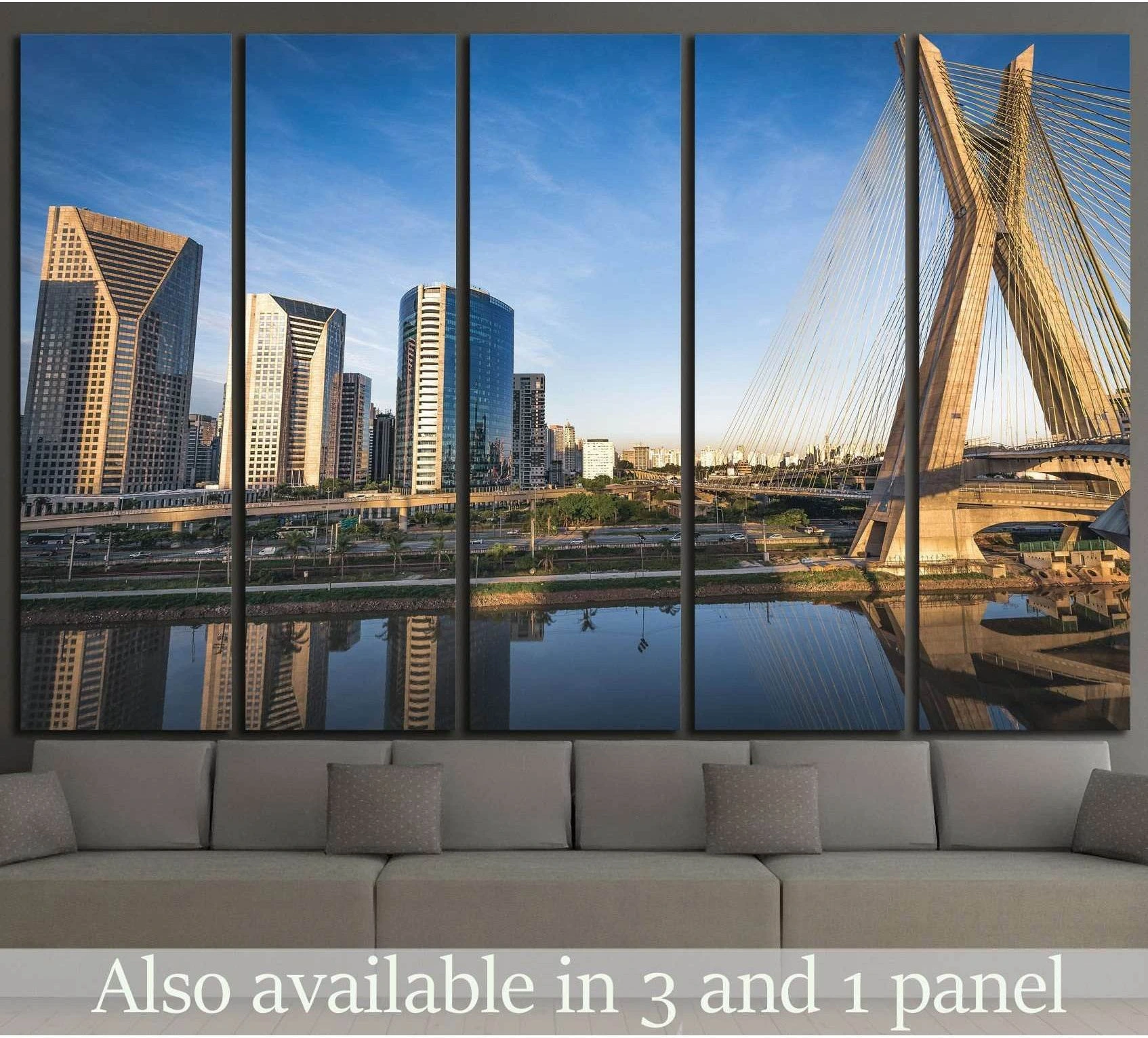Sao Paulo Ponte Estaiada bridge canvas print with skyline above sofa in modern living room