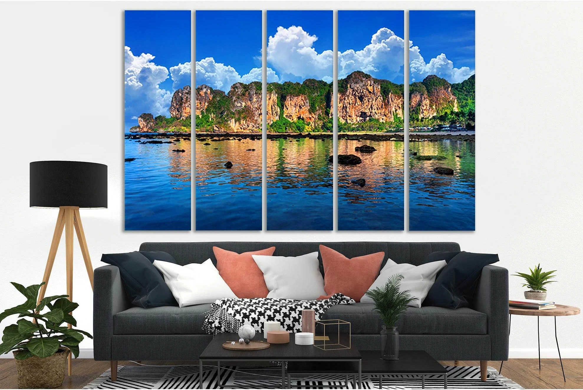 Blue Sky Seascape With Rocky Hills Canvas Print Wall Art showing sea water, shoreline and horizon depth.