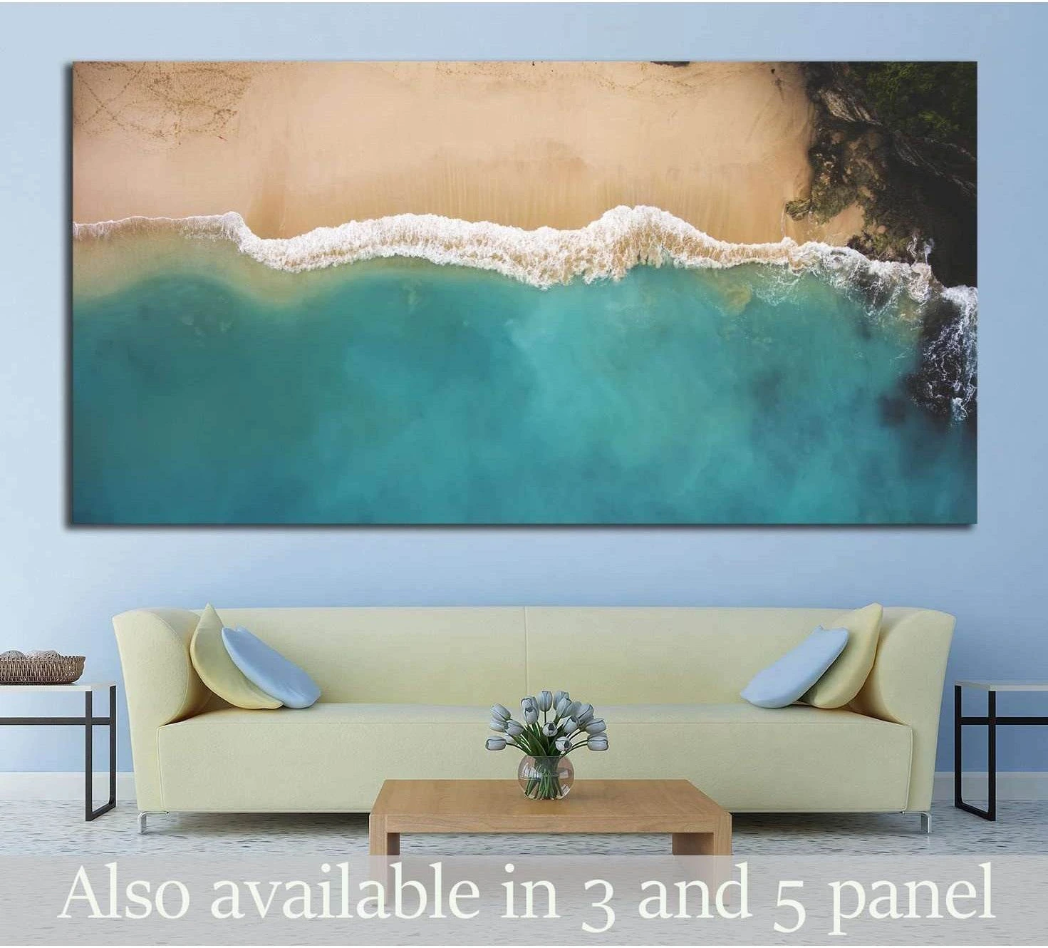 Turquoise Ocean Waves Canvas Print with Rocky Shore Detail selected as cropped water and horizon with coastal structure.
