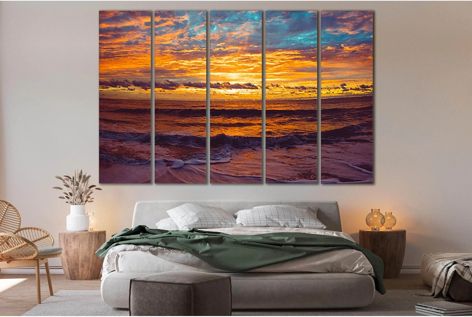 Sea Sunset Horizon Canvas Print in Orange, Gold & Navy showing sea water, shoreline and horizon depth.