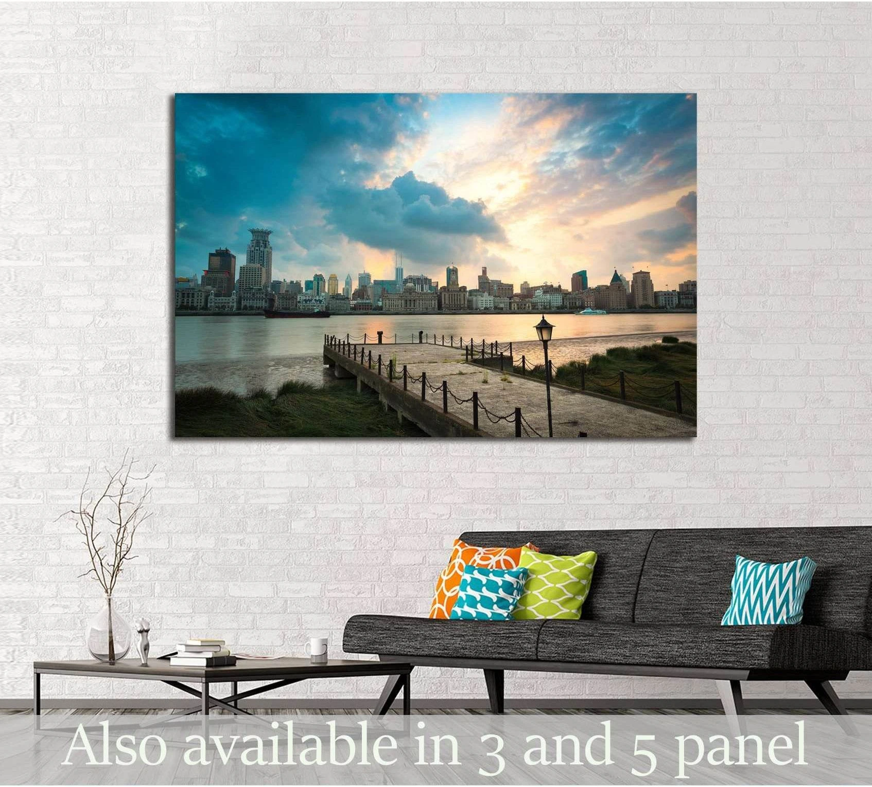 Shanghai Bund skyline canvas print at dusk with old pier hung above a sofa in a modern living room