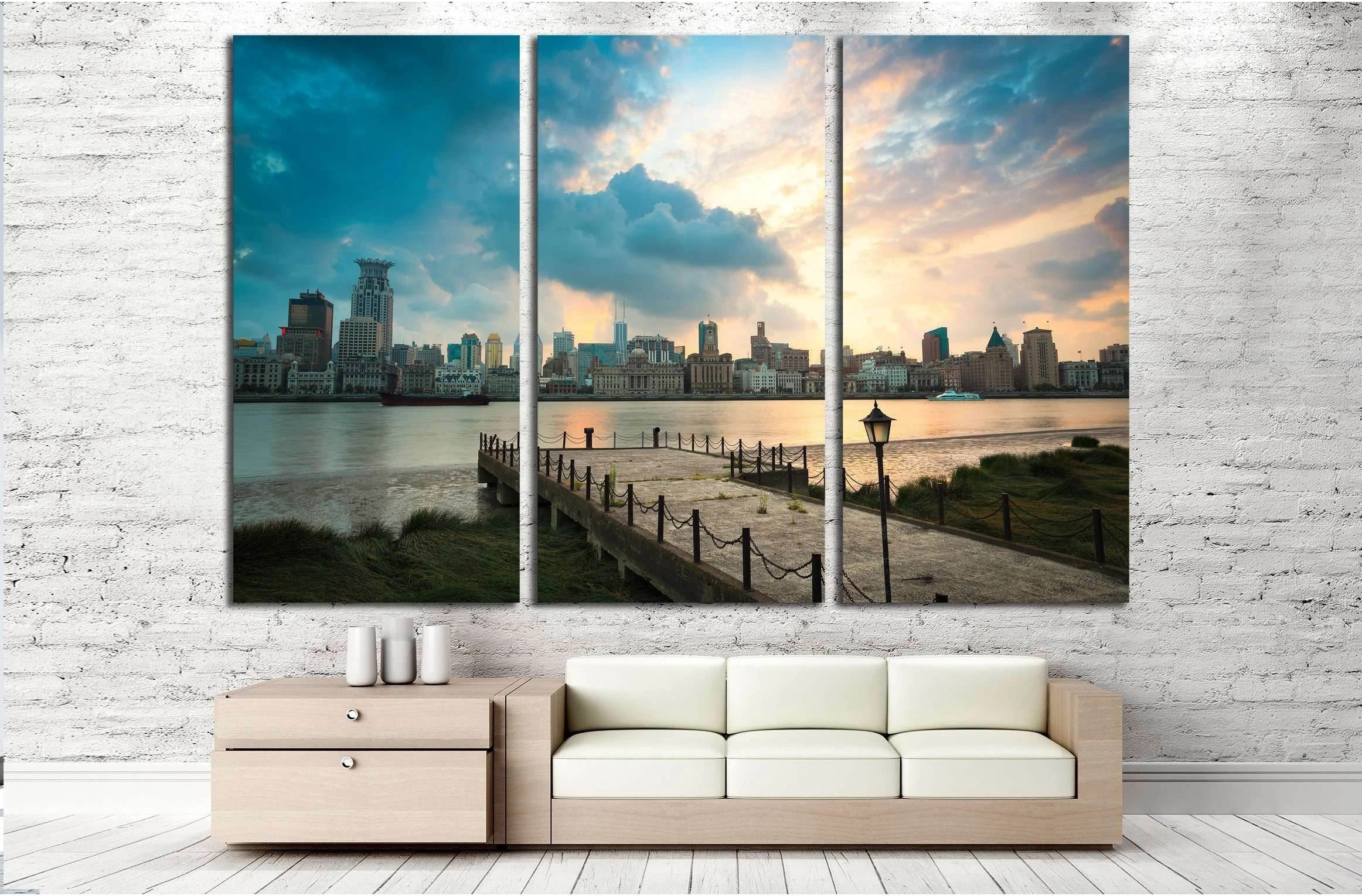beautiful shanghai bund at dusk with old pier №2626 Ready to Hang Canvas Print - Zellart Canvas Prints ALL_Products, s-2626