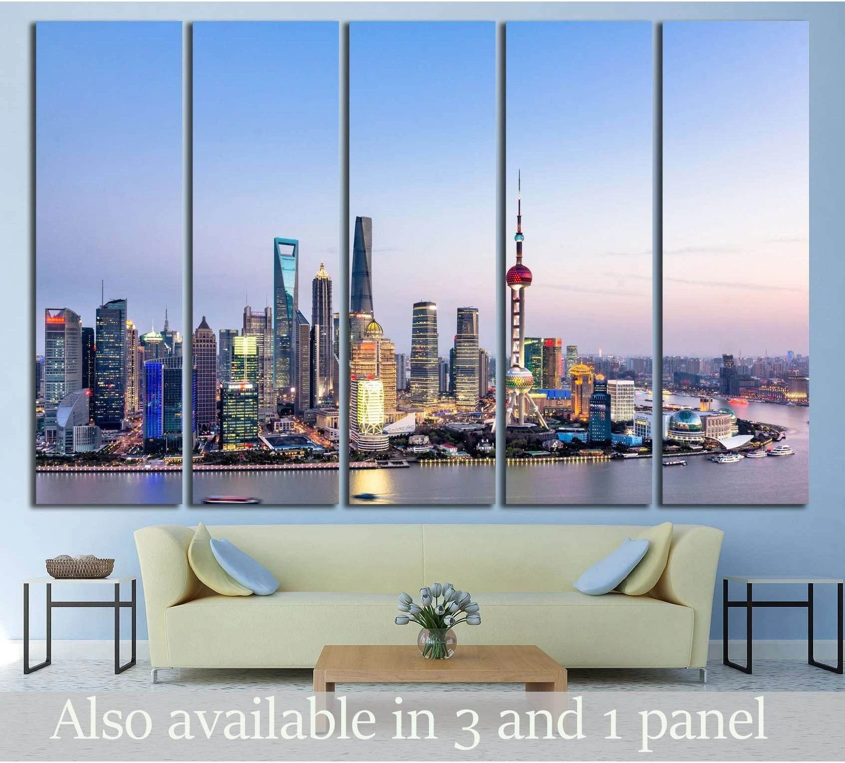 Shanghai Pudong skyline canvas print in five-panel format above a sofa in a modern living room
