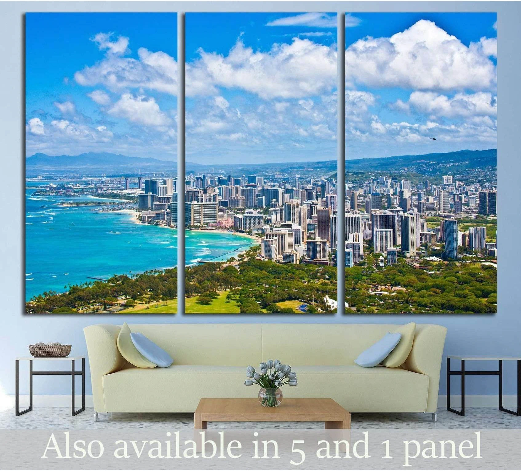 Honolulu Waikiki skyline triptych canvas print above a sofa in a modern coastal living room