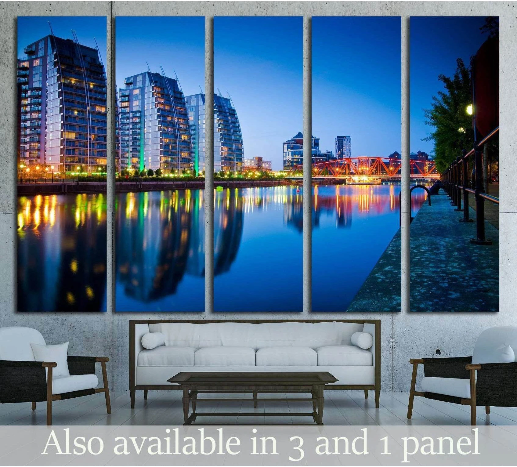 Salford Quays Manchester skyline canvas print with waterfront reflections at blue hour