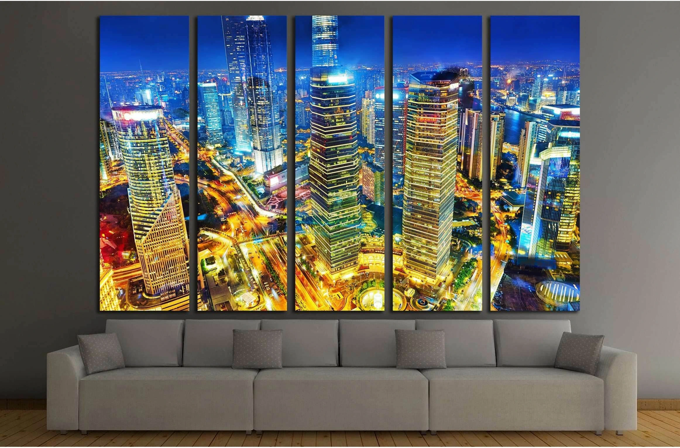 Beautiful skyscrapers,night view city building of Pudong, Shanghai, China №2899 Ready to Hang Canvas Print - Zellart Canvas Prints ALL_Products, s-2899