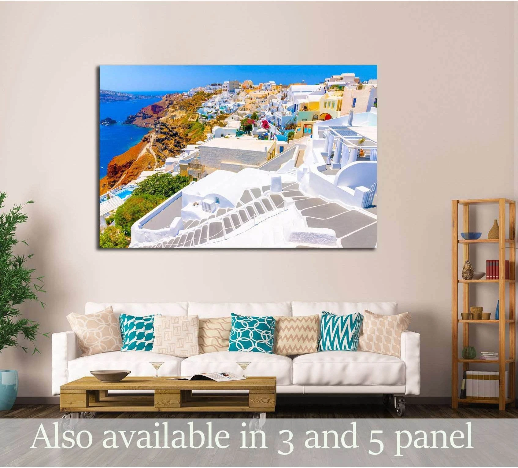 Santorini Oia steps canvas print with white Cycladic houses and blue sea above a sofa