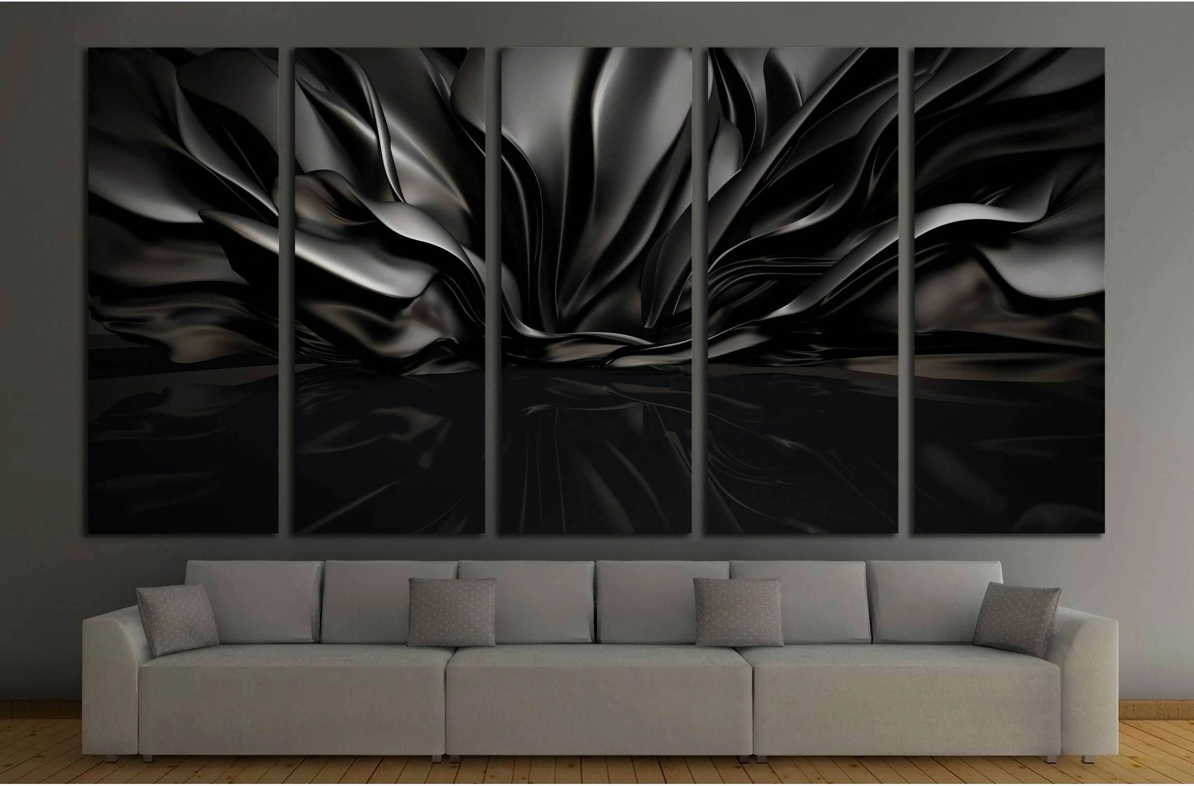 Beautiful stylish black background with developing, flying cloth in a room with a reflection on the floor №2886 Ready to Hang Canvas Print - Zellart Canvas Prints ALL_Products, s-2886