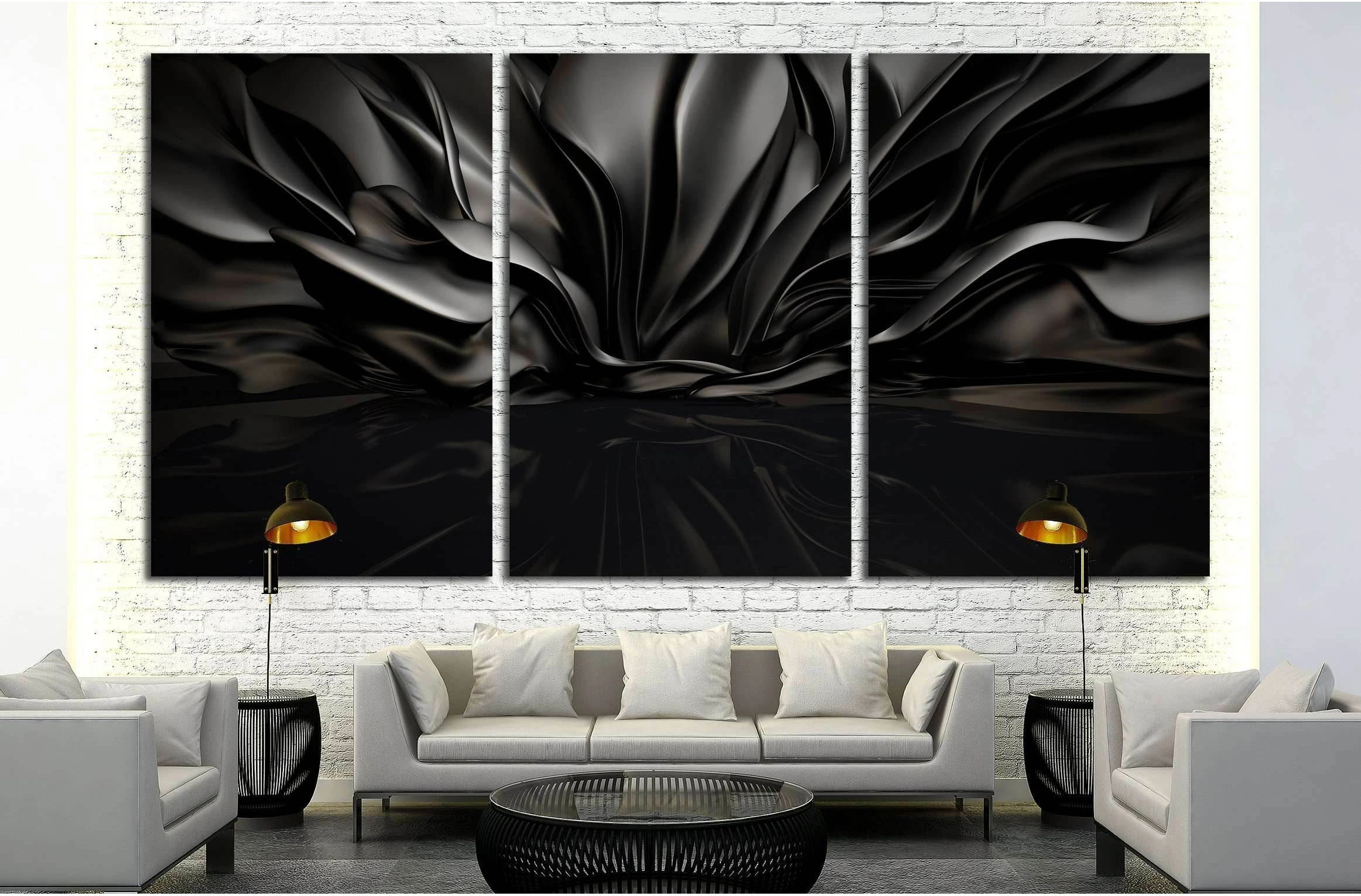 Beautiful stylish black background with developing, flying cloth in a room with a reflection on the floor №2886 Ready to Hang Canvas Print - Zellart Canvas Prints ALL_Products, s-2886