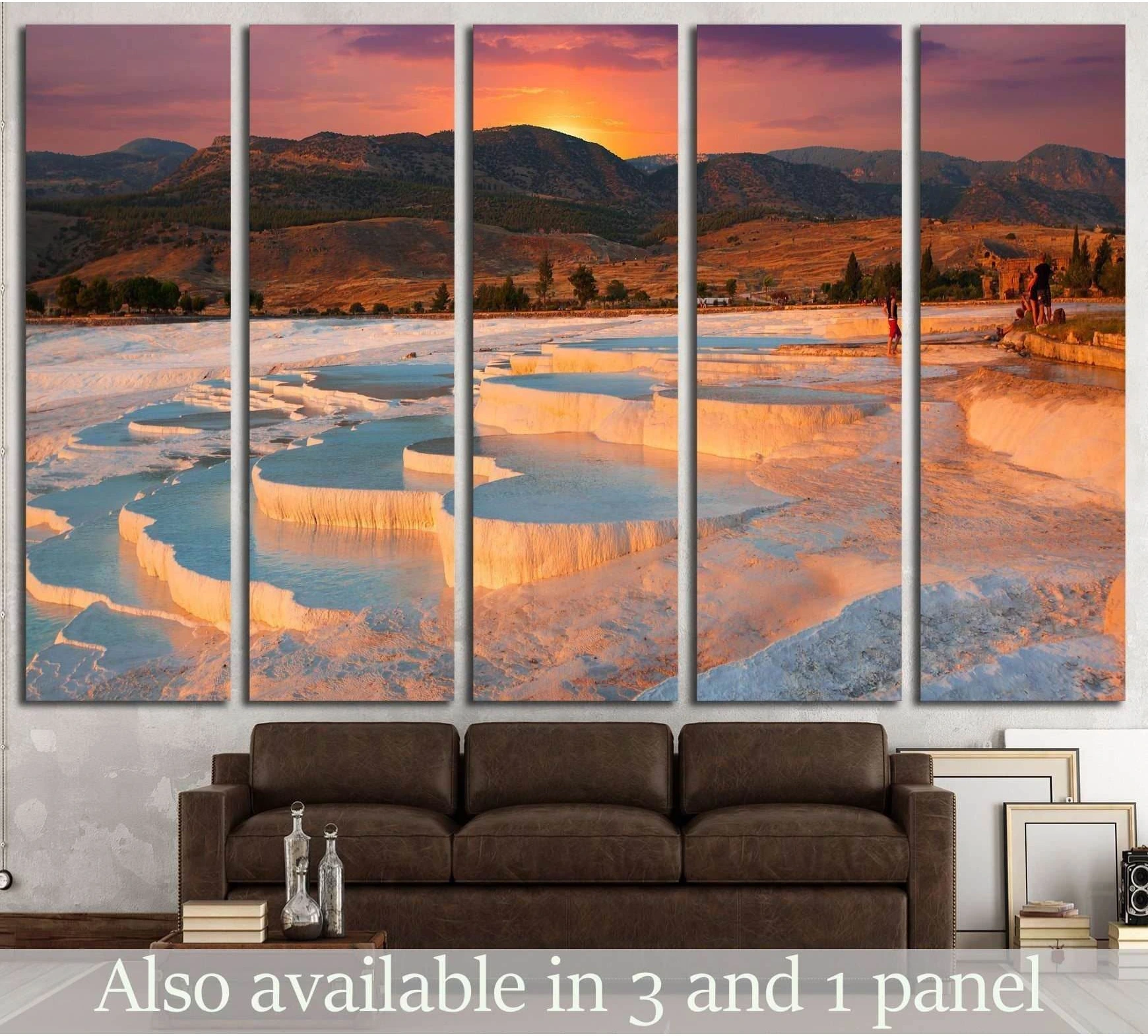 Pamukkale travertine pools canvas print at sunset hung above sofa in modern living room