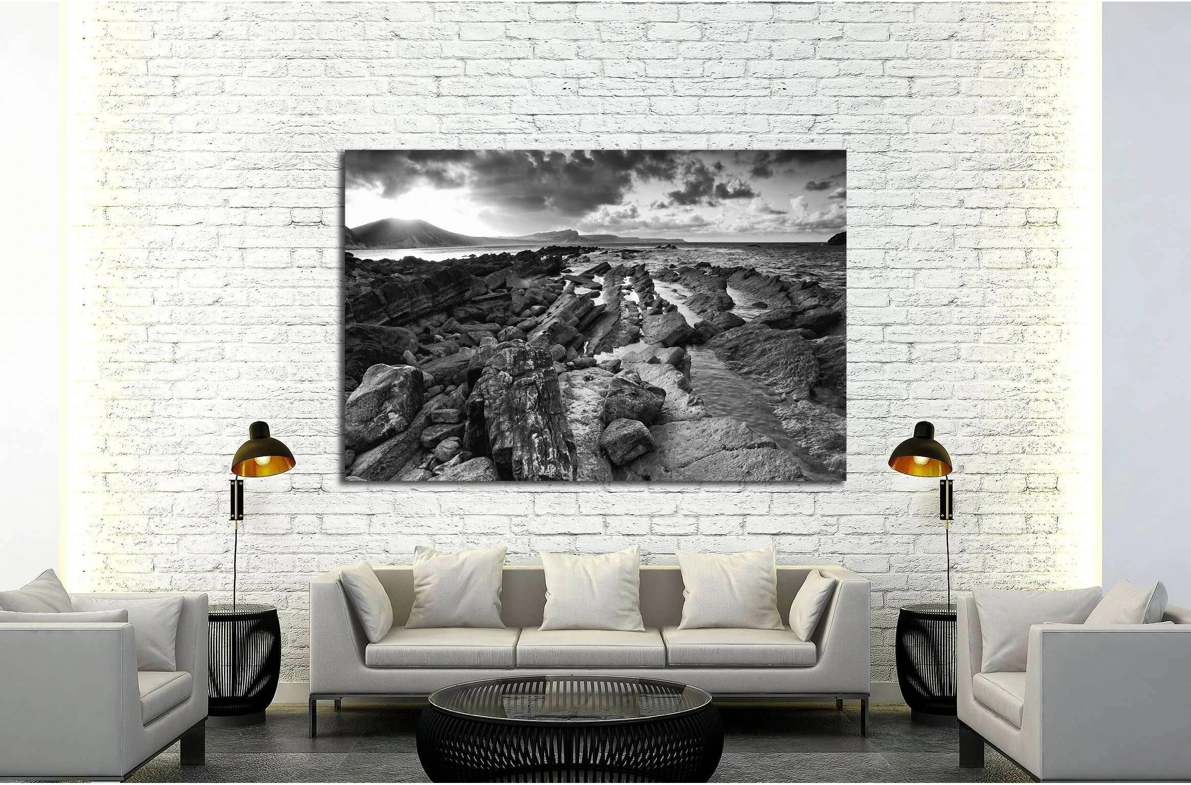 Beautiful sunrise landscape over Mupe Bay on Jurassic Coast in Dorset, England black and white №2872 Ready to Hang Canvas Print - Zellart Canvas Prints ALL_Products, s-2872