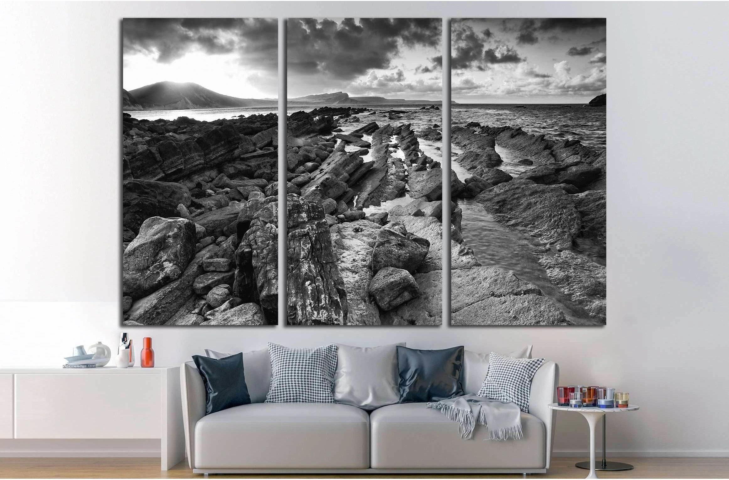 Beautiful sunrise landscape over Mupe Bay on Jurassic Coast in Dorset, England black and white №2872 Ready to Hang Canvas Print - Zellart Canvas Prints ALL_Products, s-2872