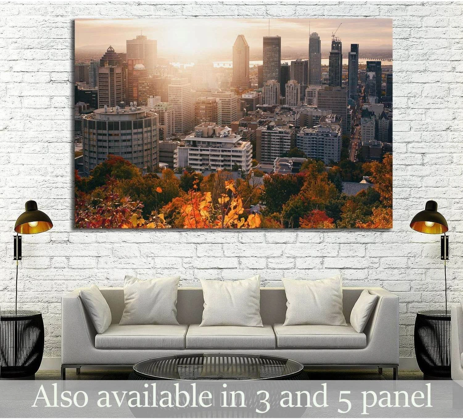 Montreal skyline canvas print with sunrise light and autumn trees in a modern living room