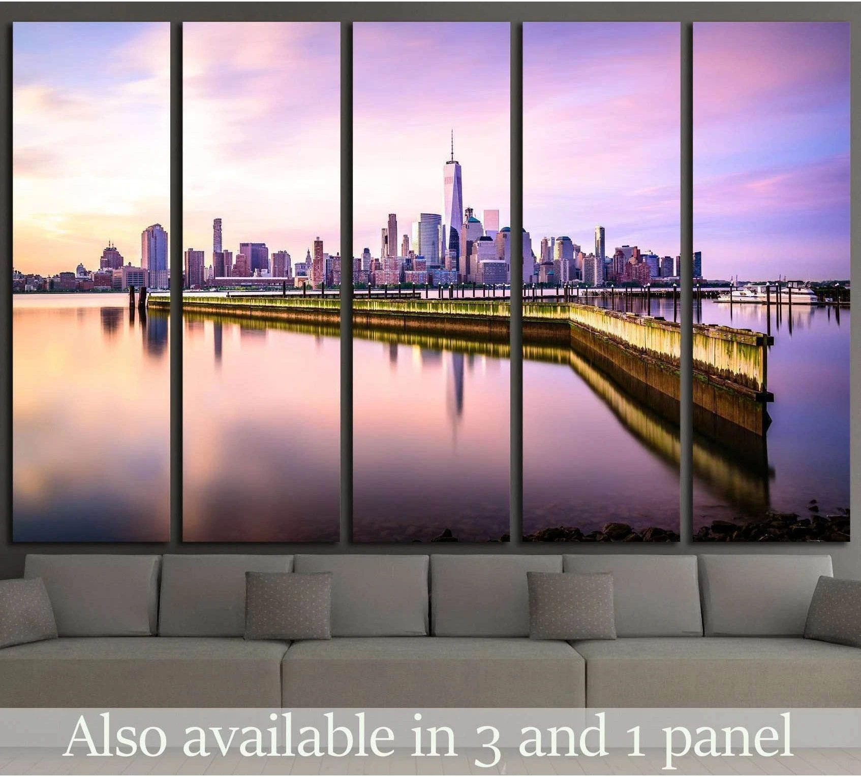 Manhattan sunrise skyline canvas print above sofa with pastel sky and waterfront reflections
