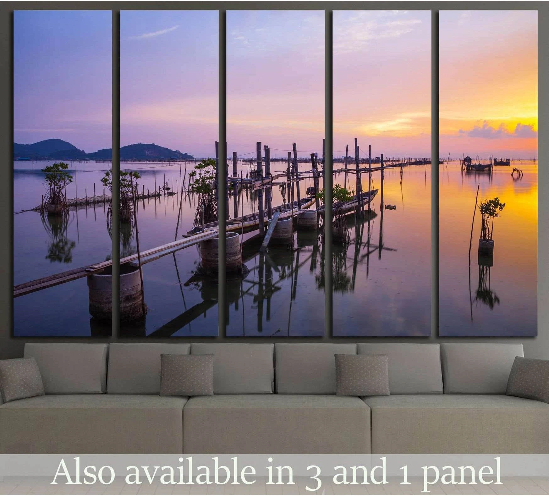 Koh Yo Island sunset pier canvas print in Thailand above a sofa in a modern living room