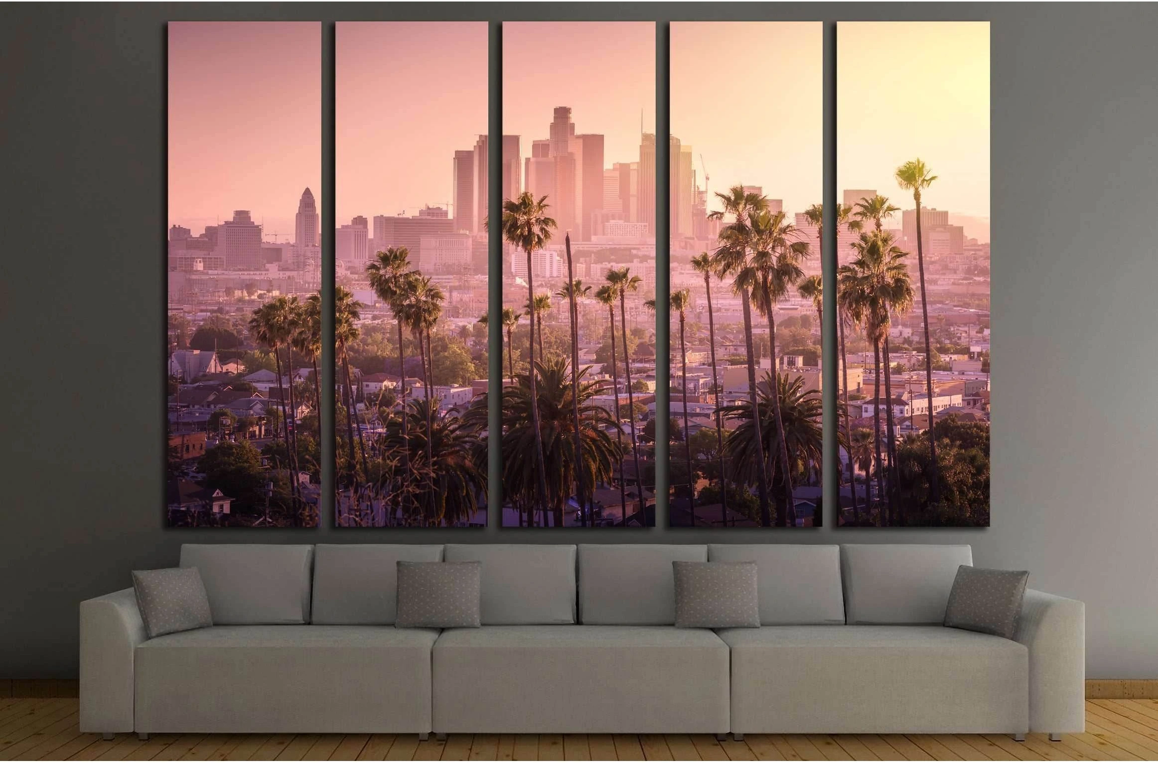 Beautiful sunset of Los Angeles downtown skyline and palm trees in foreground №2708 Ready to Hang Canvas Print - Zellart Canvas Prints ALL_Products, s-2708