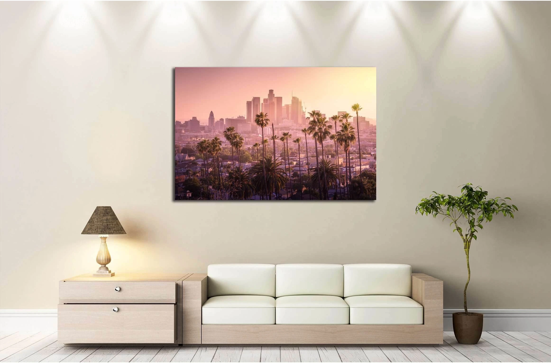 Beautiful sunset of Los Angeles downtown skyline and palm trees in foreground №2708 Ready to Hang Canvas Print - Zellart Canvas Prints ALL_Products, s-2708