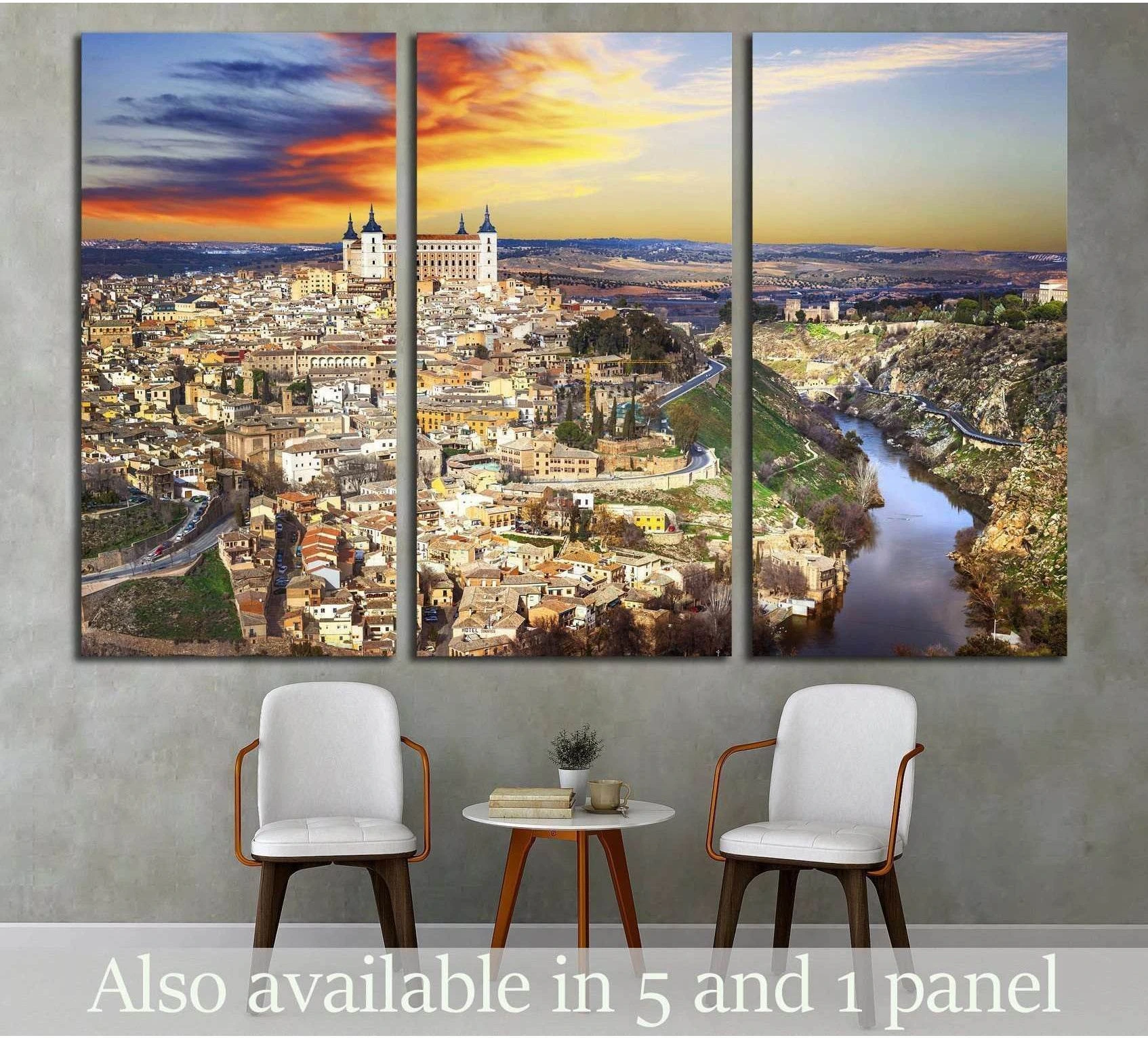 Toledo Spain sunset triptych canvas print with old city skyline and Tagus River above chairs