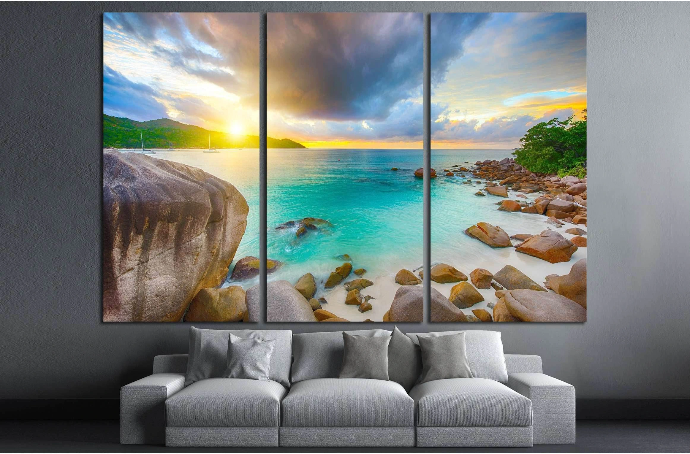 Beautiful sunset over the famous beach Anse Lazio №3094 Ready to Hang Canvas Print - Zellart Canvas Prints ALL_Products, s-3094