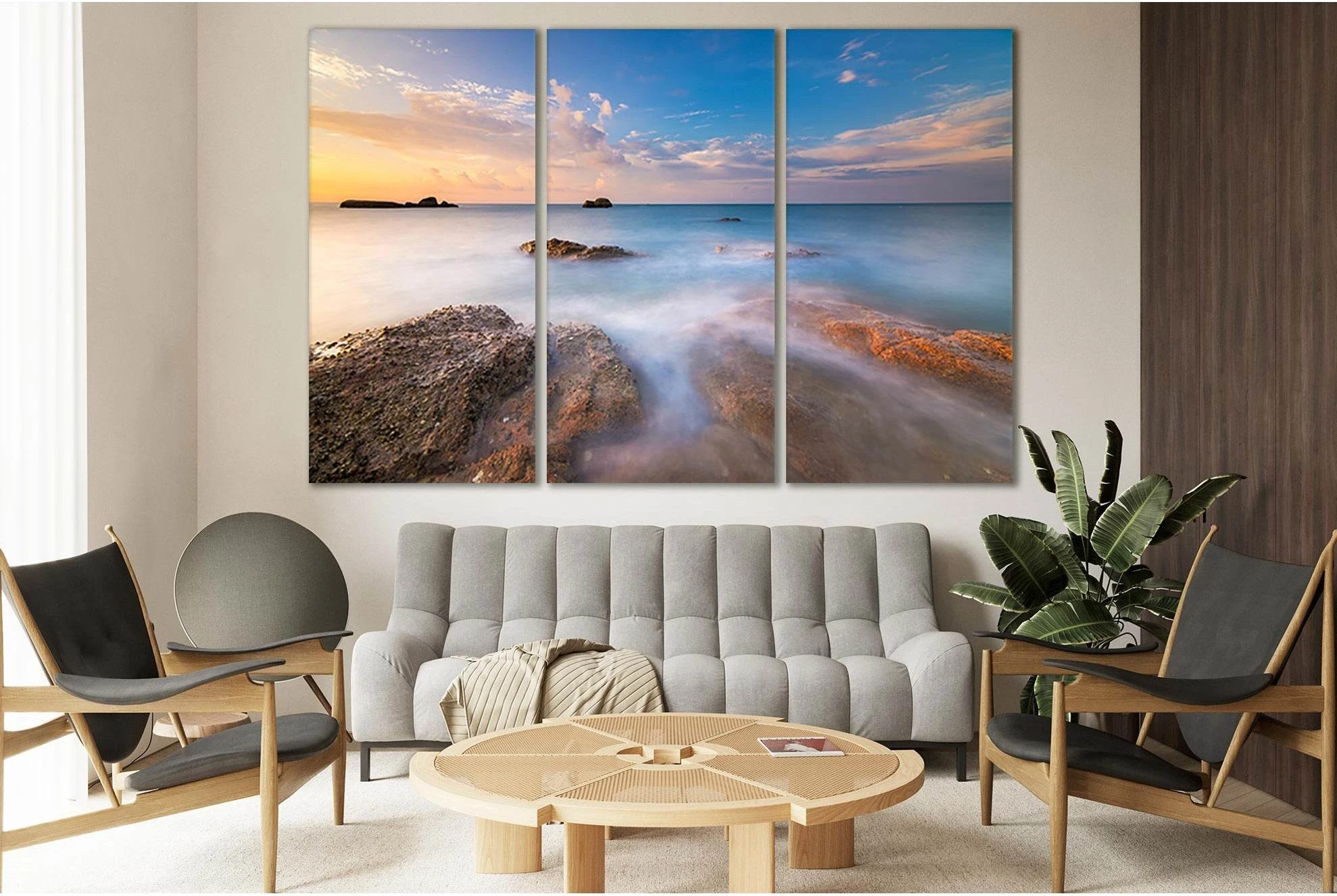 Warm Golden Ocean Sunset Seascape Canvas Wall Art (Triptych) showing sea water, shoreline and horizon depth.
