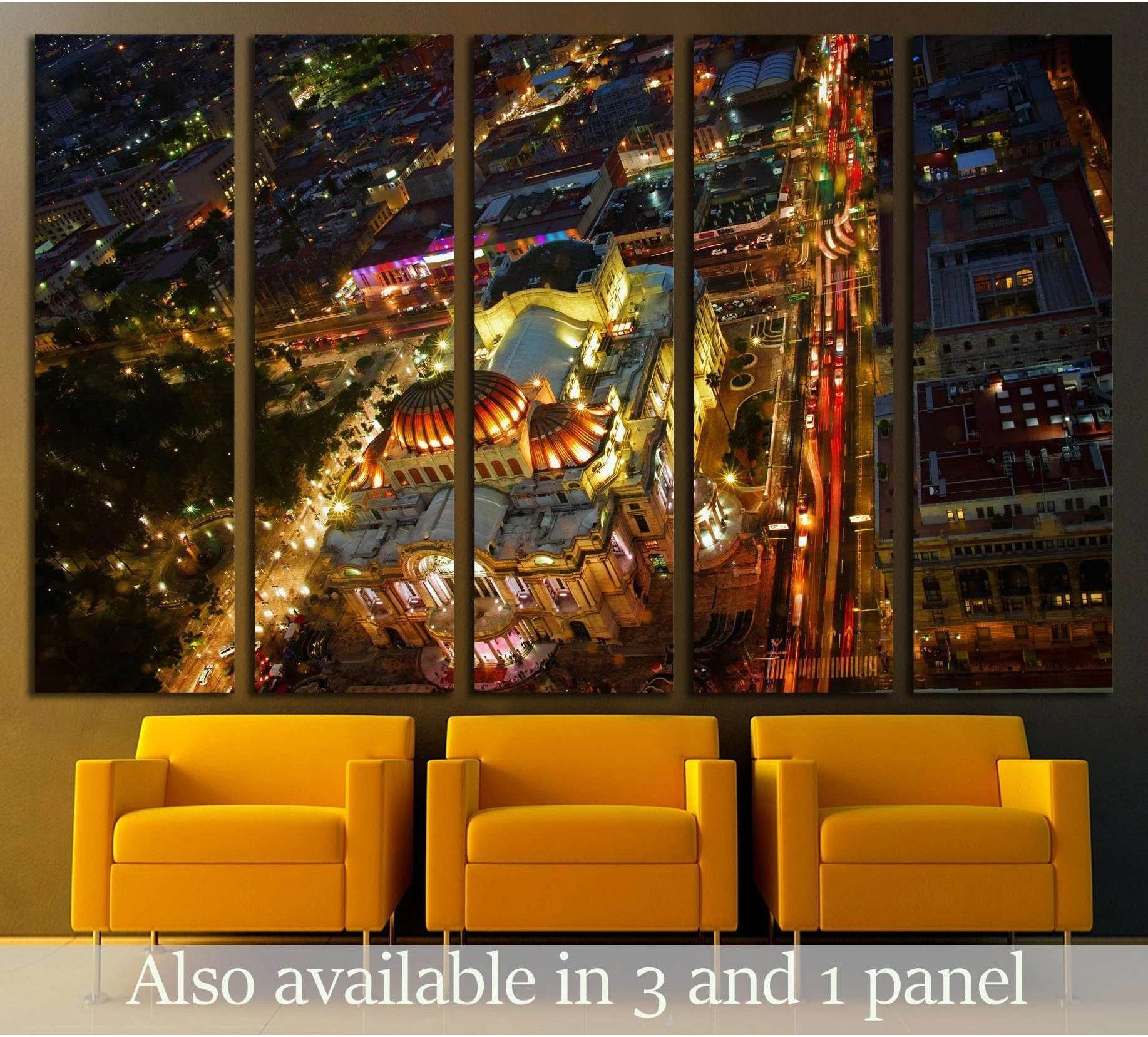 Bellas Artes night canvas print in five panels above chairs, showing Mexico City from above