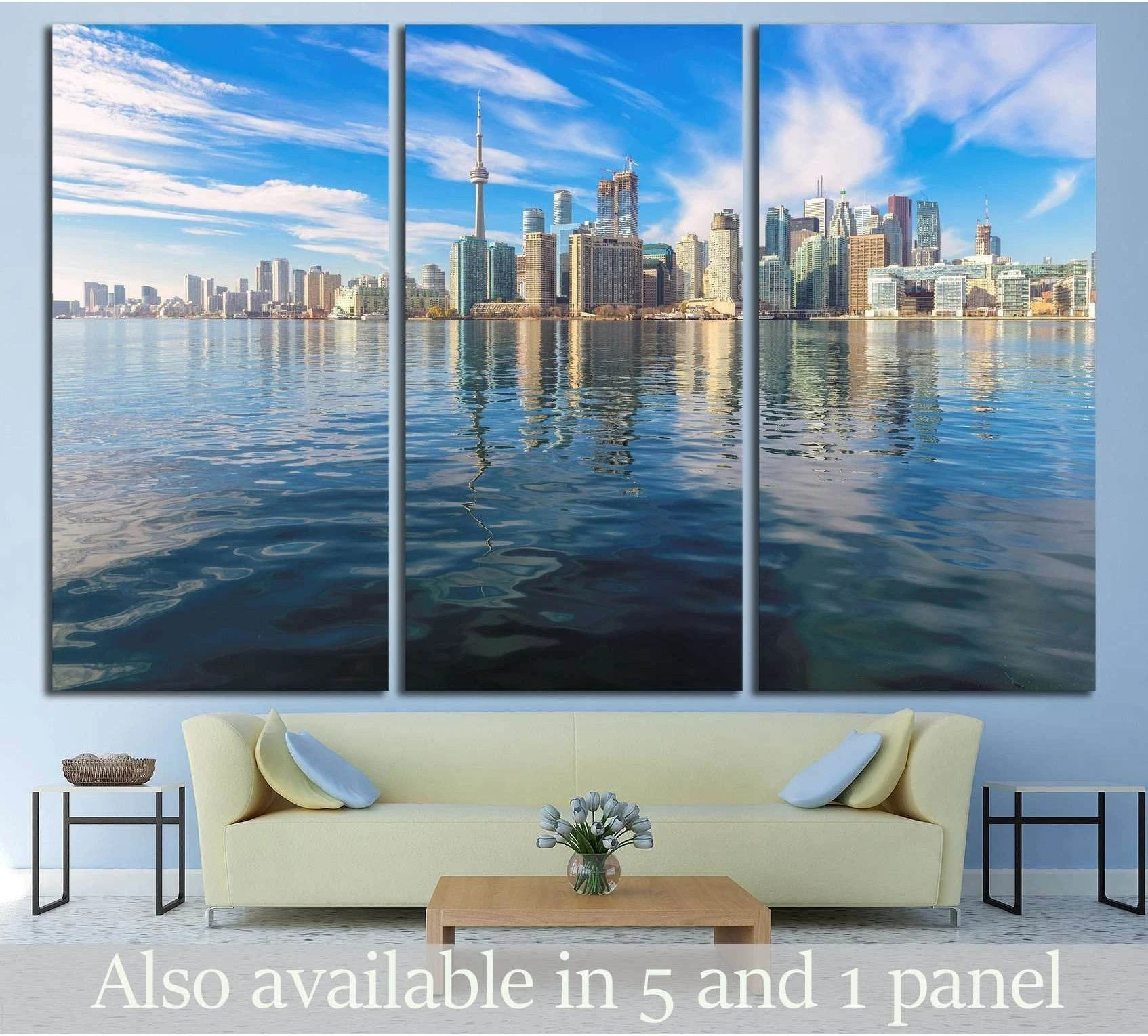 Toronto skyline triptych canvas print with CN Tower over Lake Ontario in a modern living room