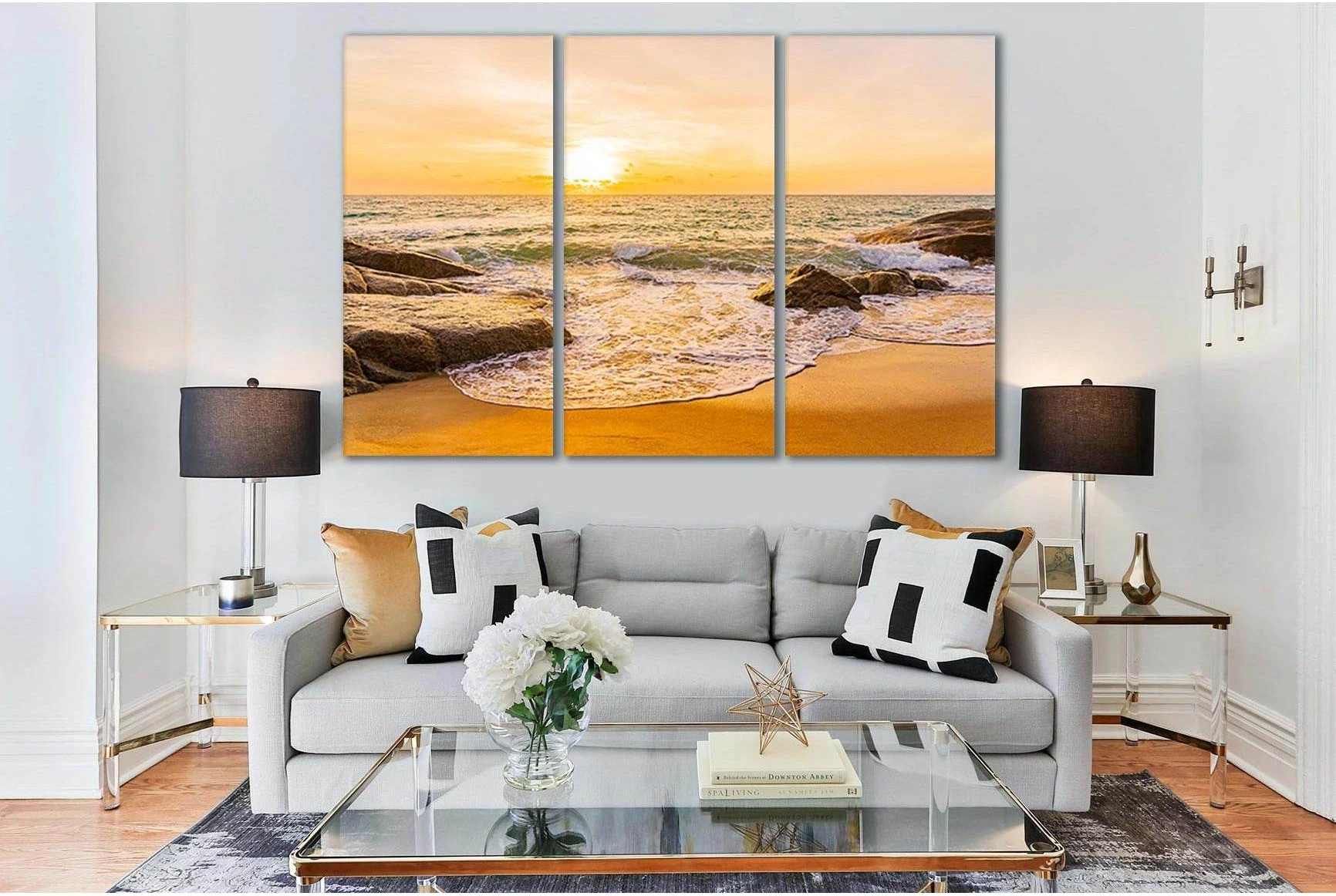 Sunset Beach Ocean Scene Canvas Print Wall Art showing sea water, shoreline and horizon depth.