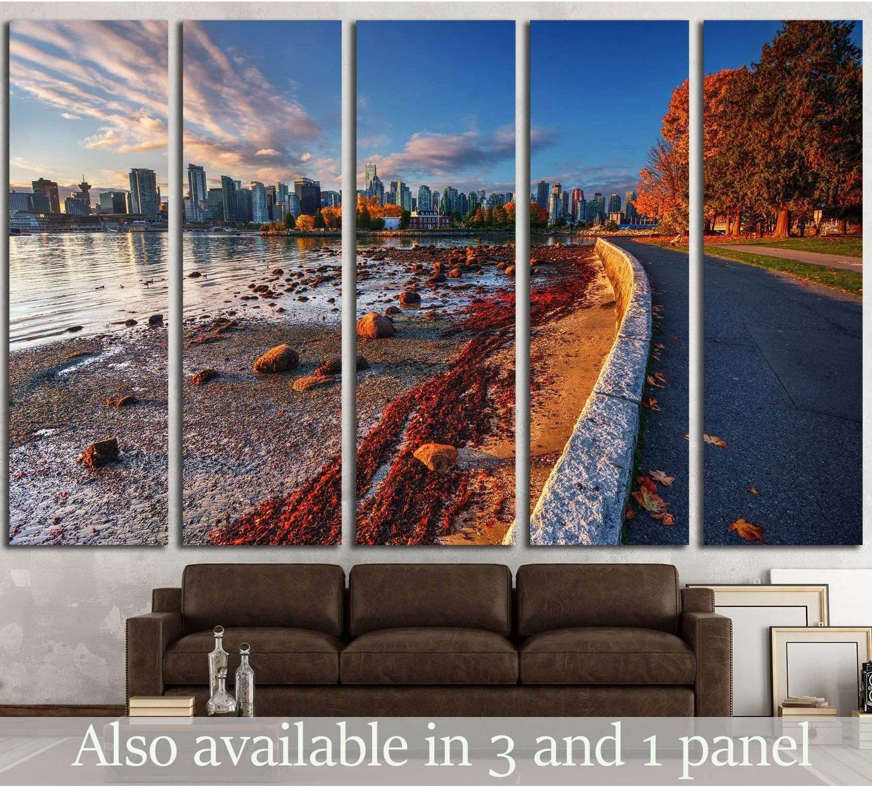 Vancouver skyline canvas print with autumn seawall and waterfront path above a sofa