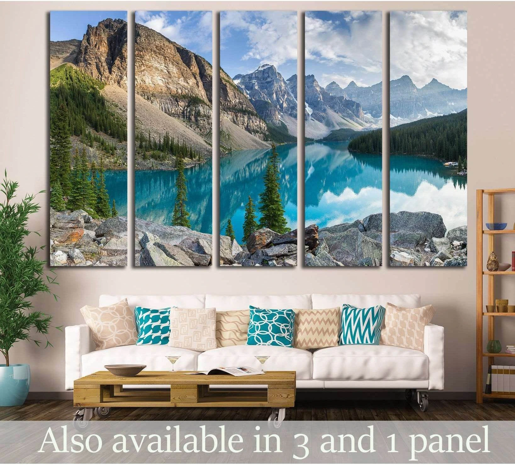 Moraine Lake canvas print hung above a sofa with turquoise water and alpine mountain peaks