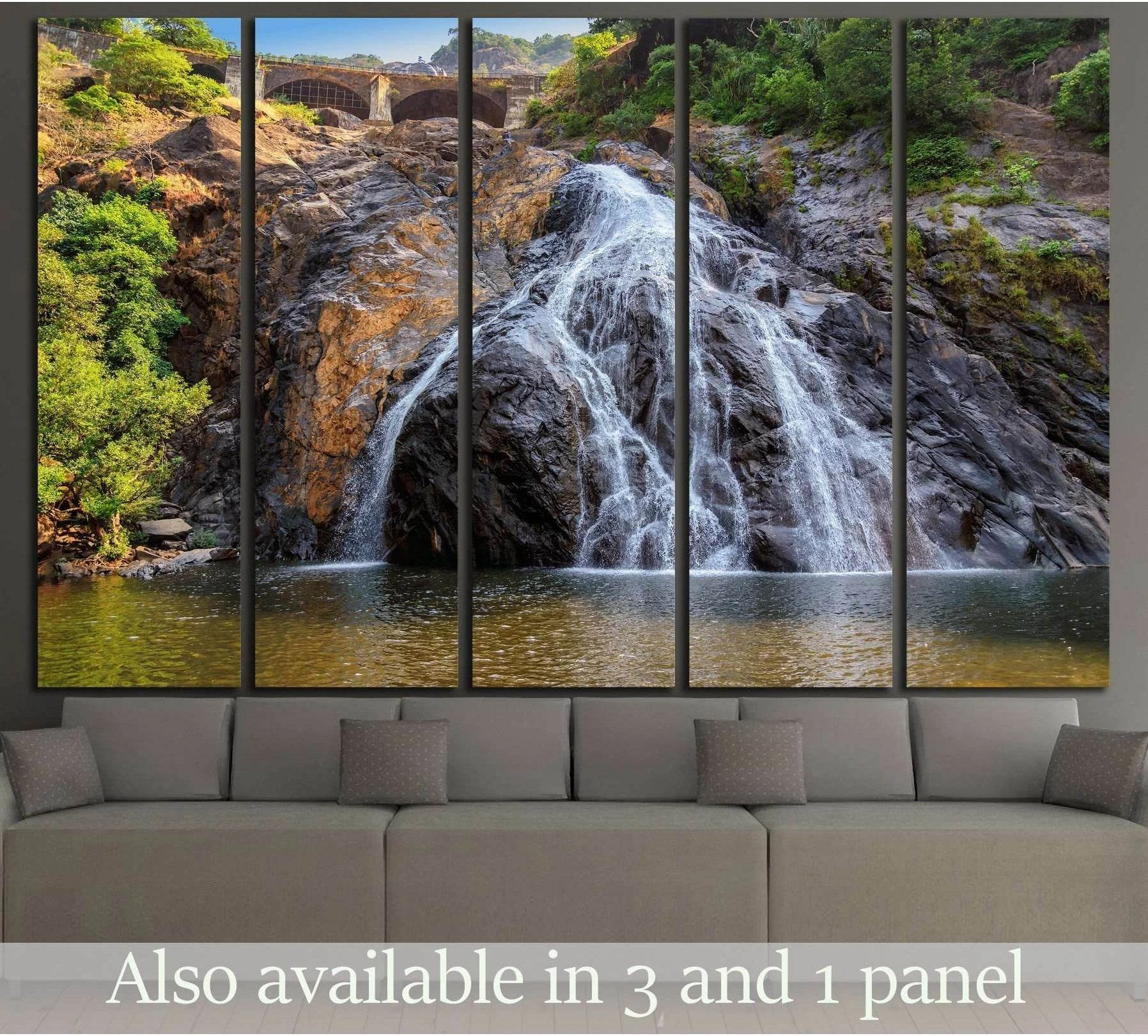 Dudhsagar waterfall canvas print in Goa, India displayed above a sofa in a modern living room