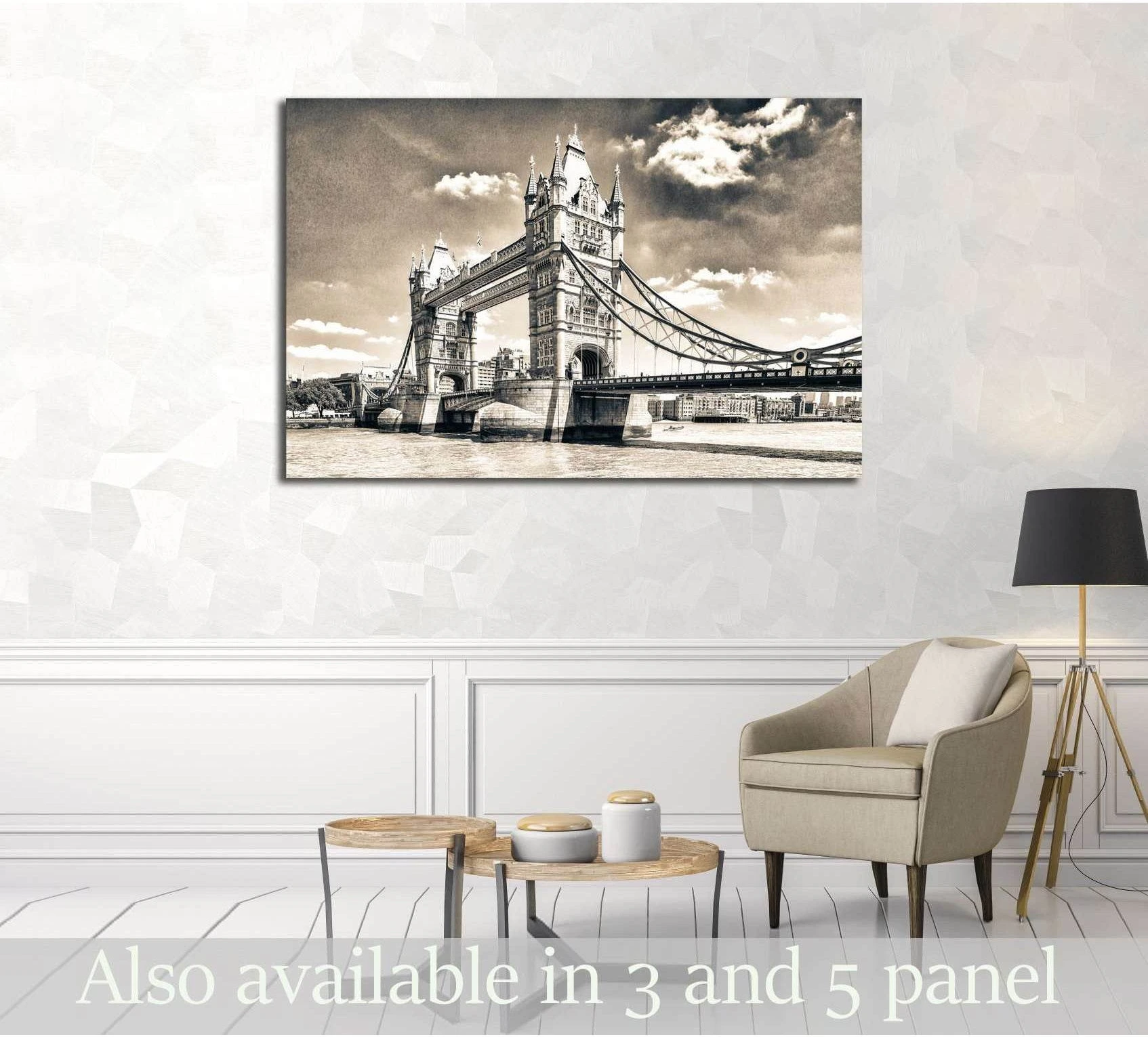 Sepia Tower Bridge London canvas print hung above a sofa in a neutral living room