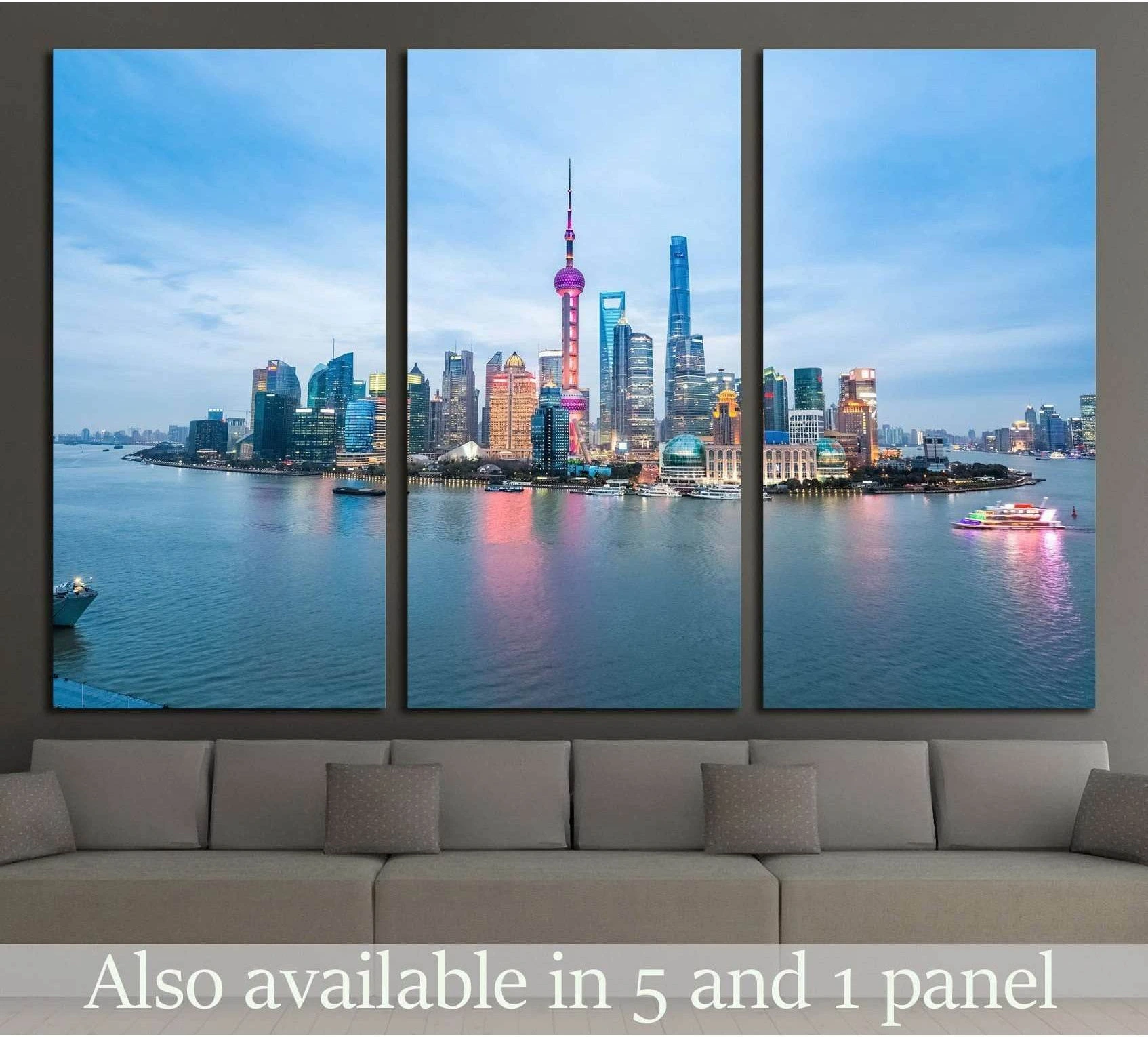 beauty of the east China metropolis ,shanghai skyline in nightfall showing blue ocean wall art with water and coastal depth.