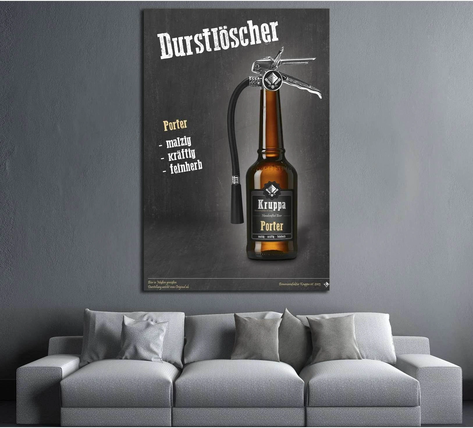 Vintage porter beer canvas print with amber bottle on dark poster above sofa in modern gray living room