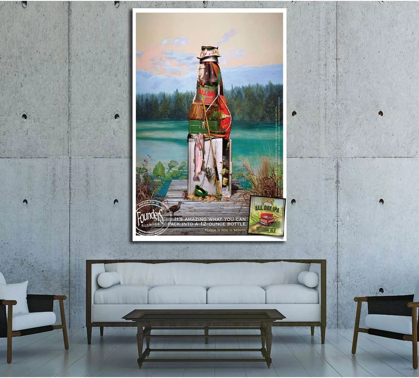 Vintage beer poster canvas print with amber bottle by a lakeside dock in retro ad style