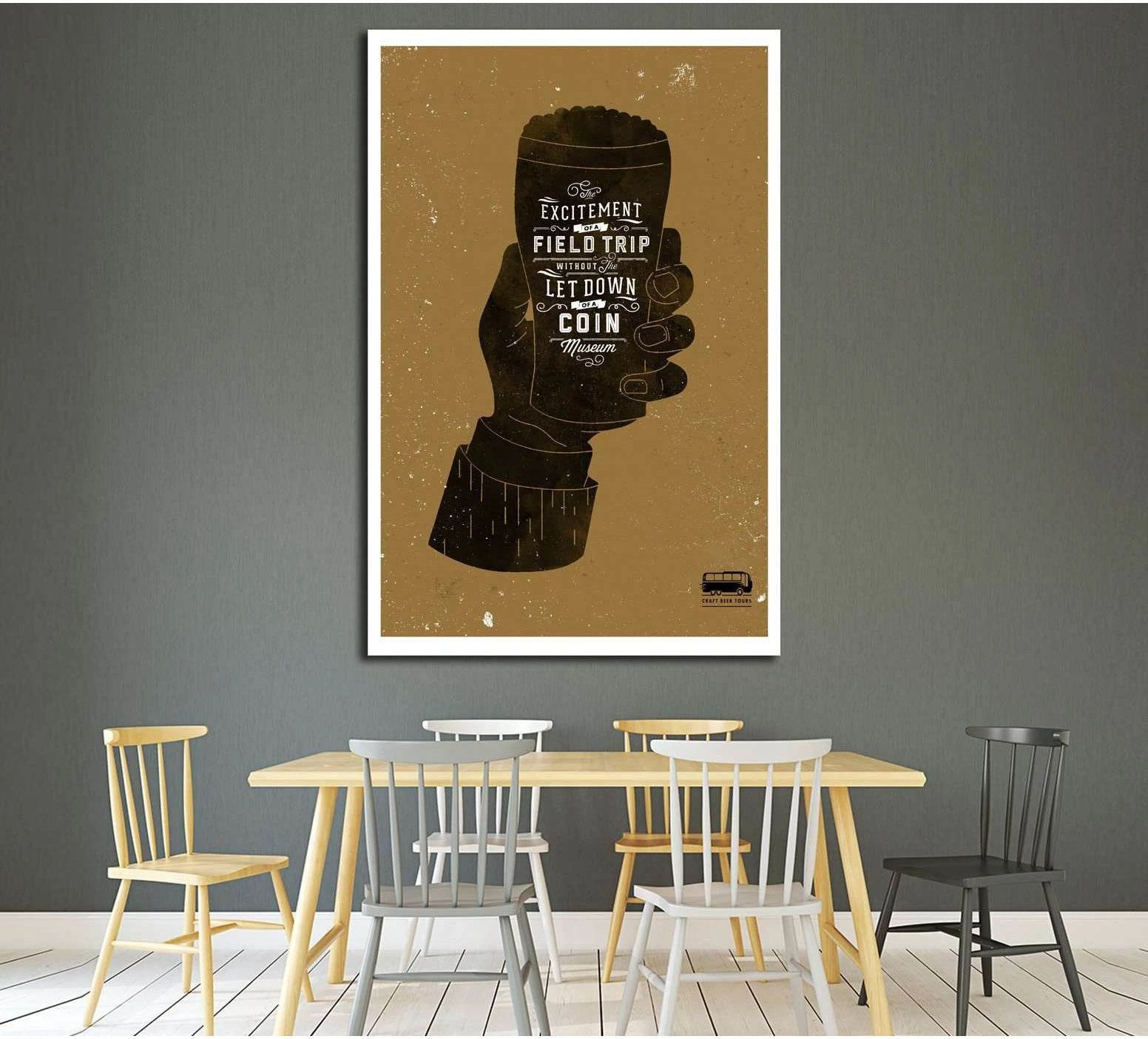 Retro beer canvas print with pint glass typography artwork above a dining table