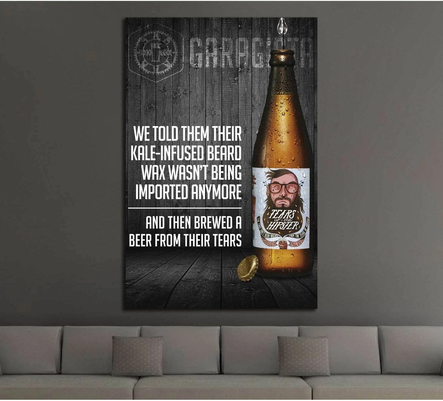 Funny beer bottle canvas print with sarcastic quote on dark wood wall, hung above sofa