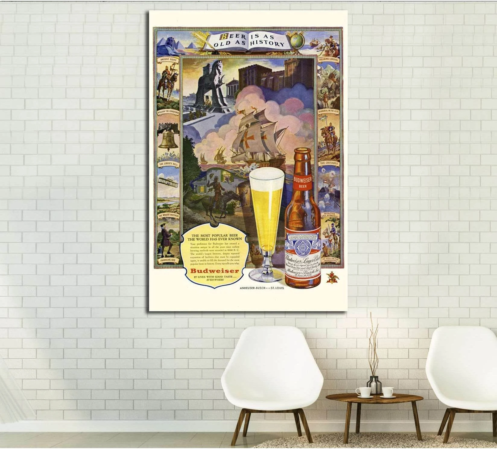 Vintage beer poster canvas print with Budweiser bottle, pint glass, and historic illustration border above chairs