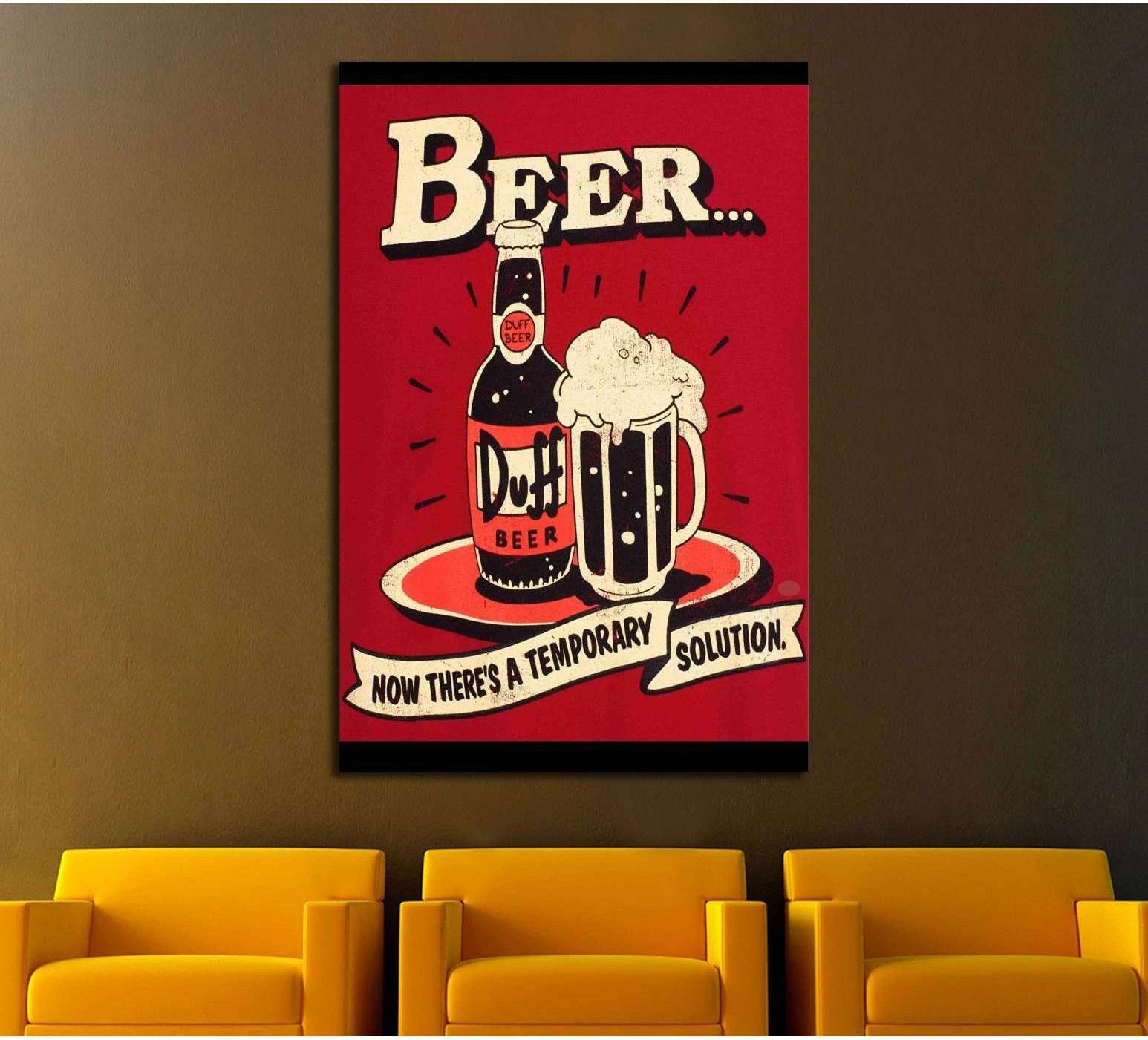 Retro beer poster canvas print with bottle and frothy mug on red background above yellow chairs