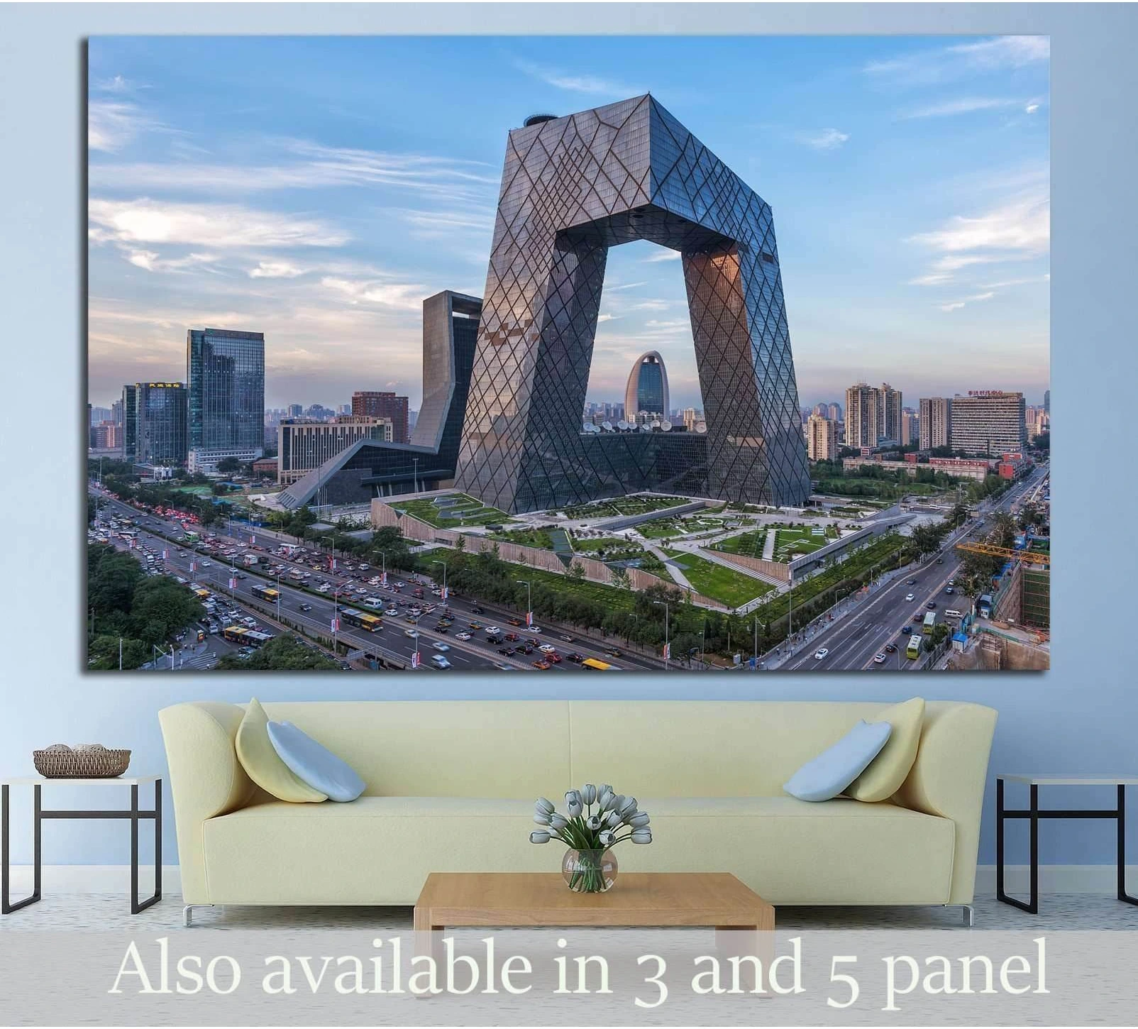 Beijing CCTV Headquarters canvas print with modern skyline view at dusk above a sofa