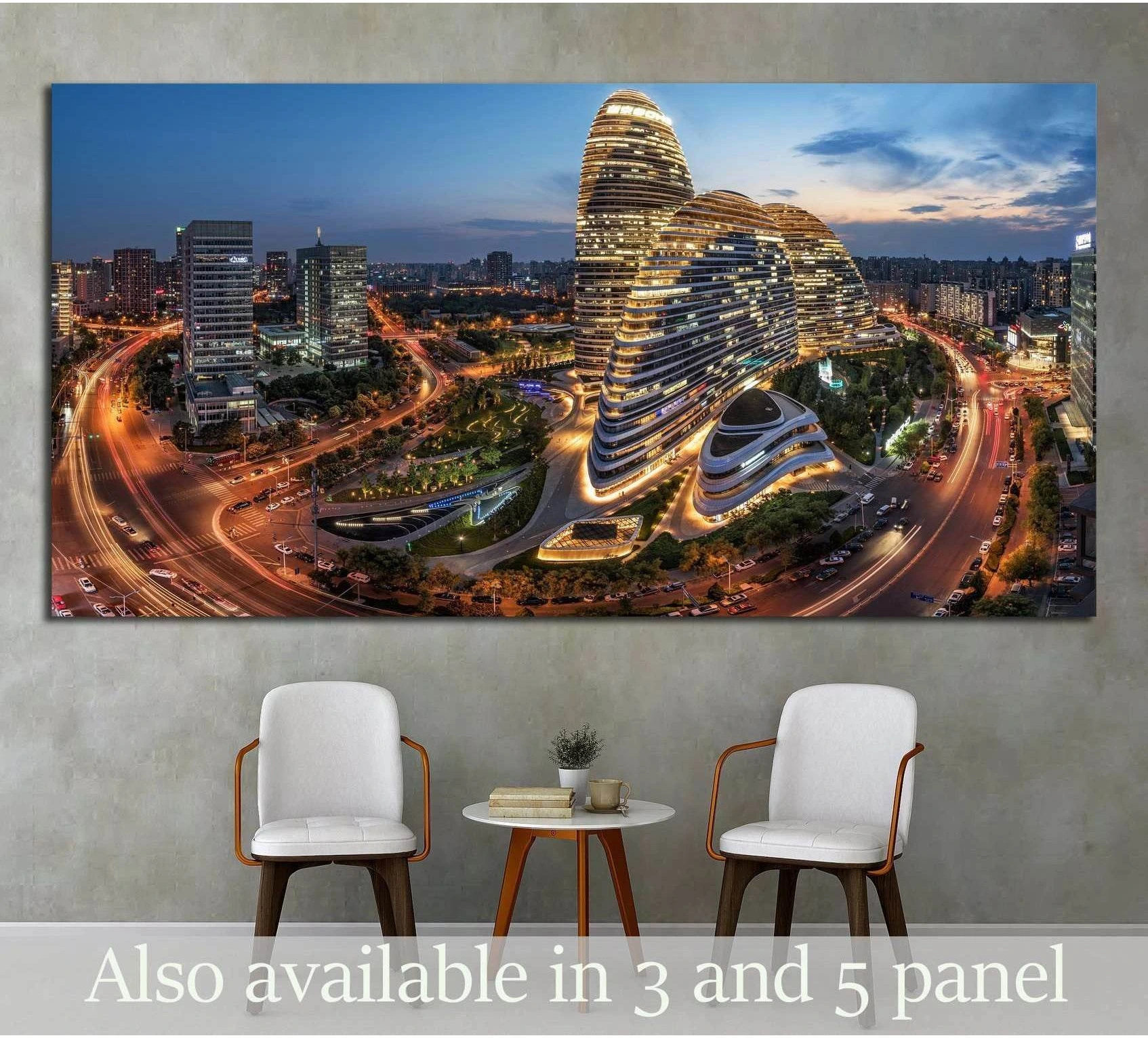 Beijing skyline canvas print with Wangjing SOHO at dusk, displayed above chairs in a modern room