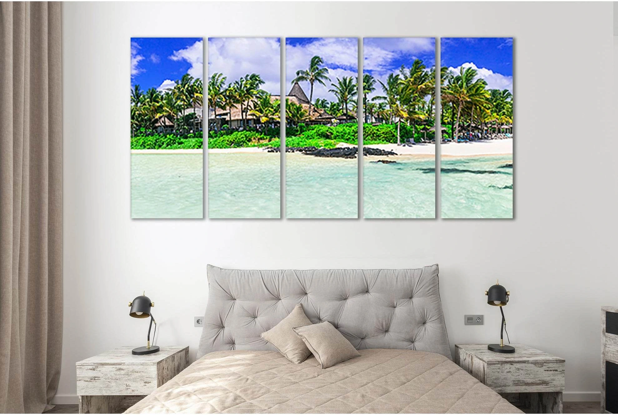 Tropical Beach Palm Scene Canvas Print Wall Art with Turquoise Water showing sea water, shoreline and horizon depth.