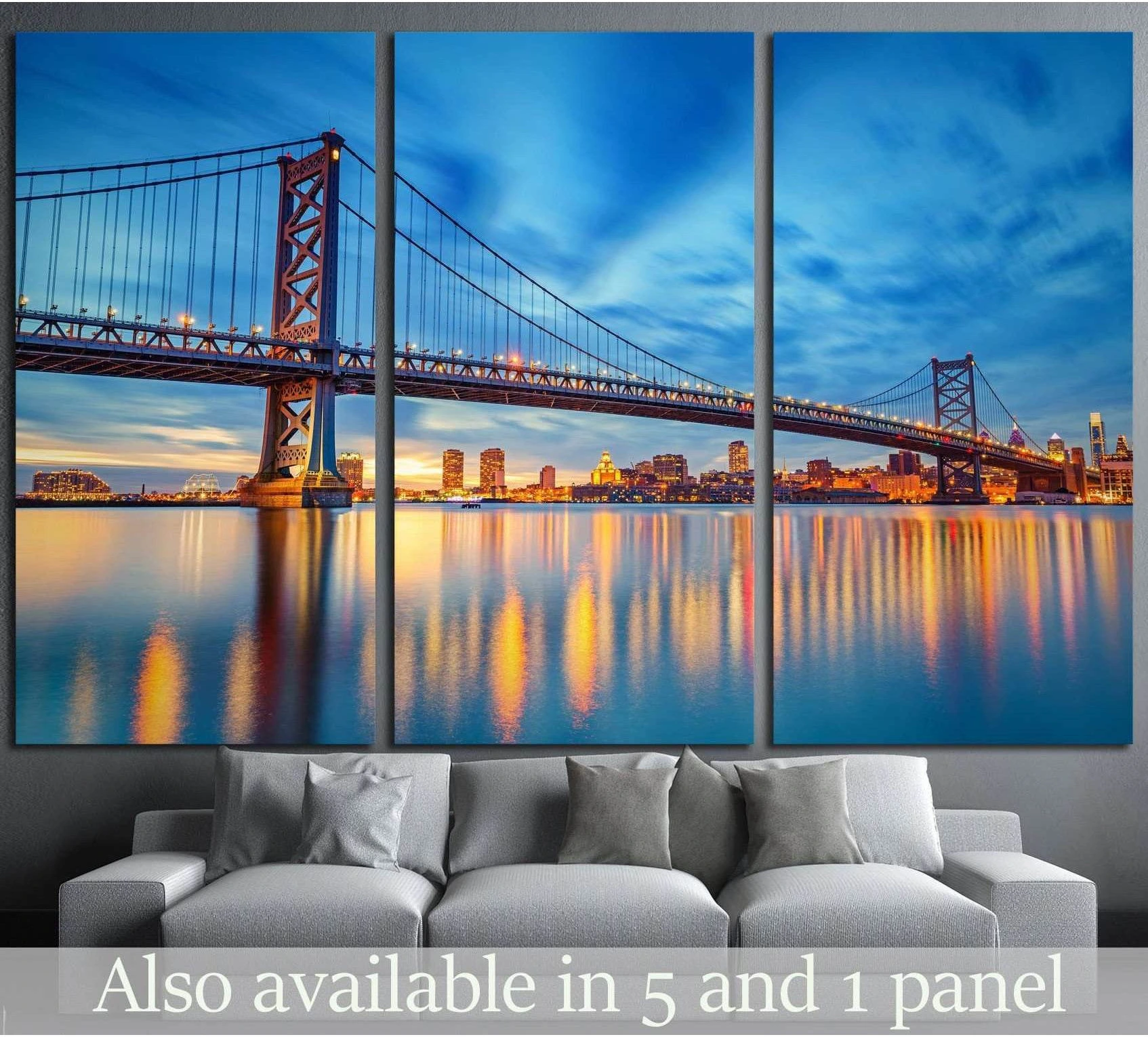 Ben Franklin Bridge canvas print with Philadelphia skyline reflections at dusk above a gray sofa