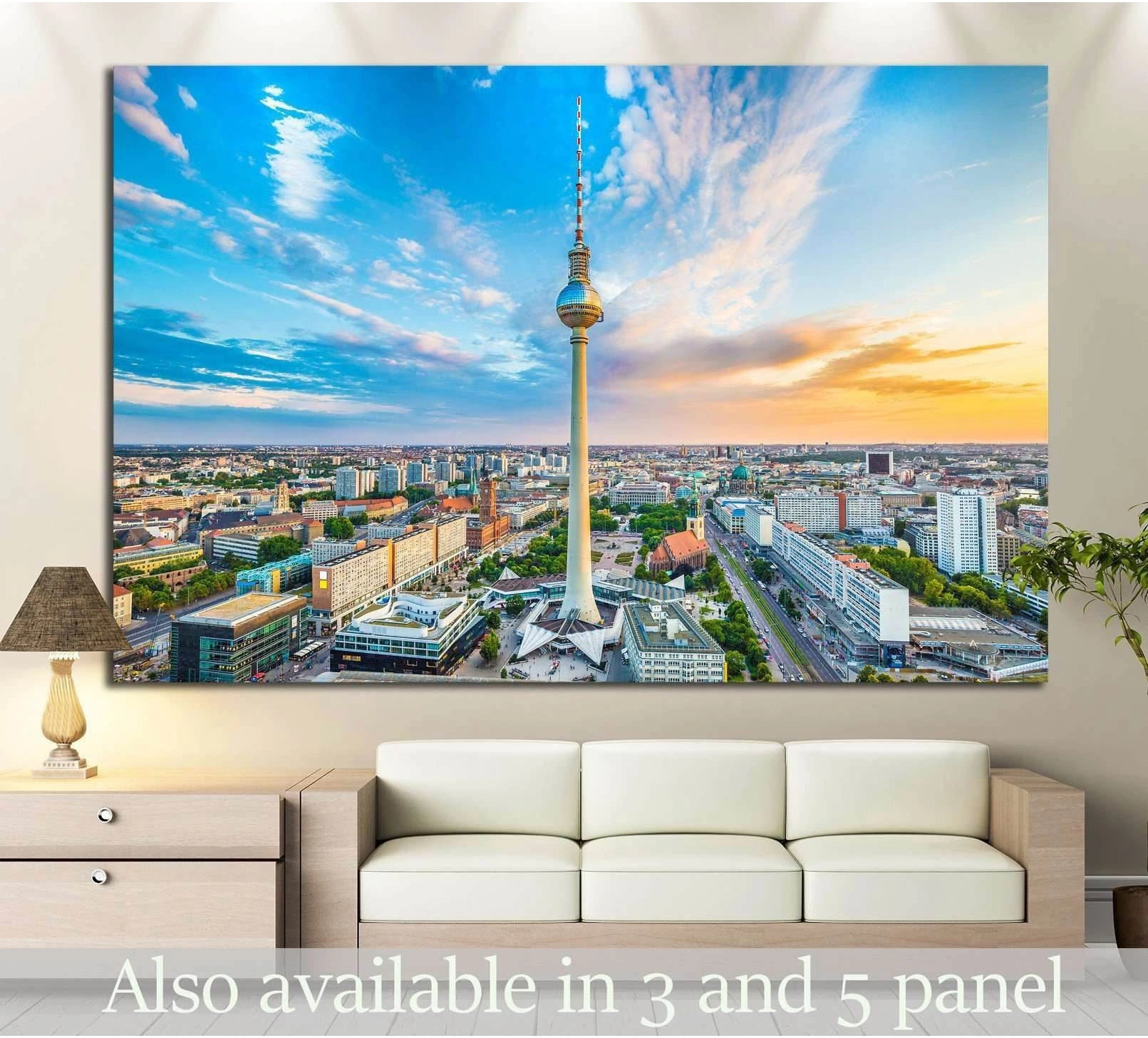 Berlin TV Tower sunset canvas print above sofa in a modern living room mockup