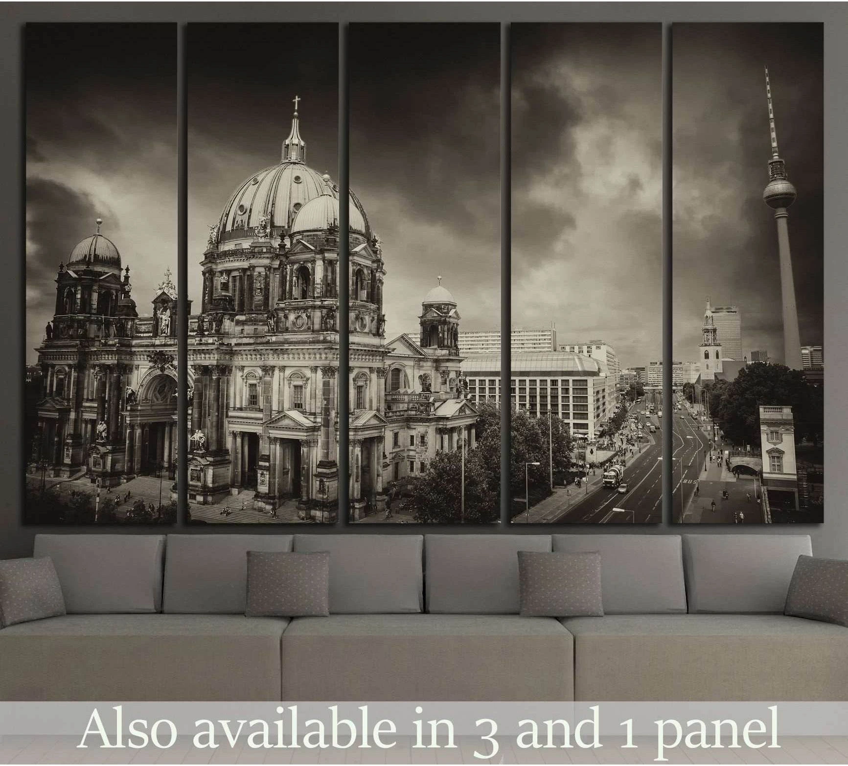 Sepia Berlin Cathedral and TV Tower multi-panel canvas print above a sofa in a modern living room