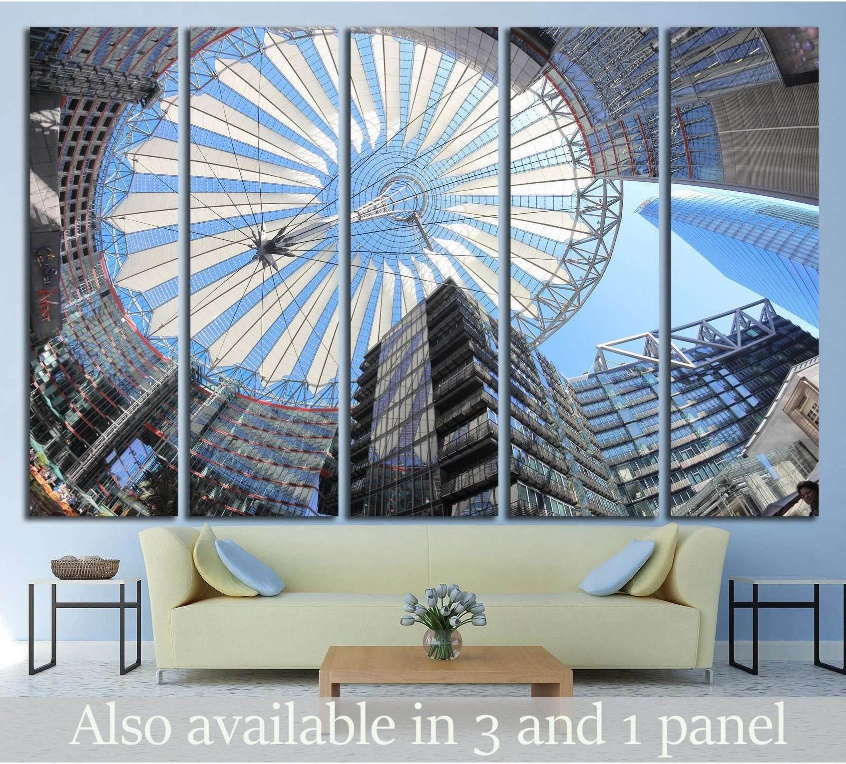 Berlin glass dome canvas print with upward view of modern architecture above a sofa