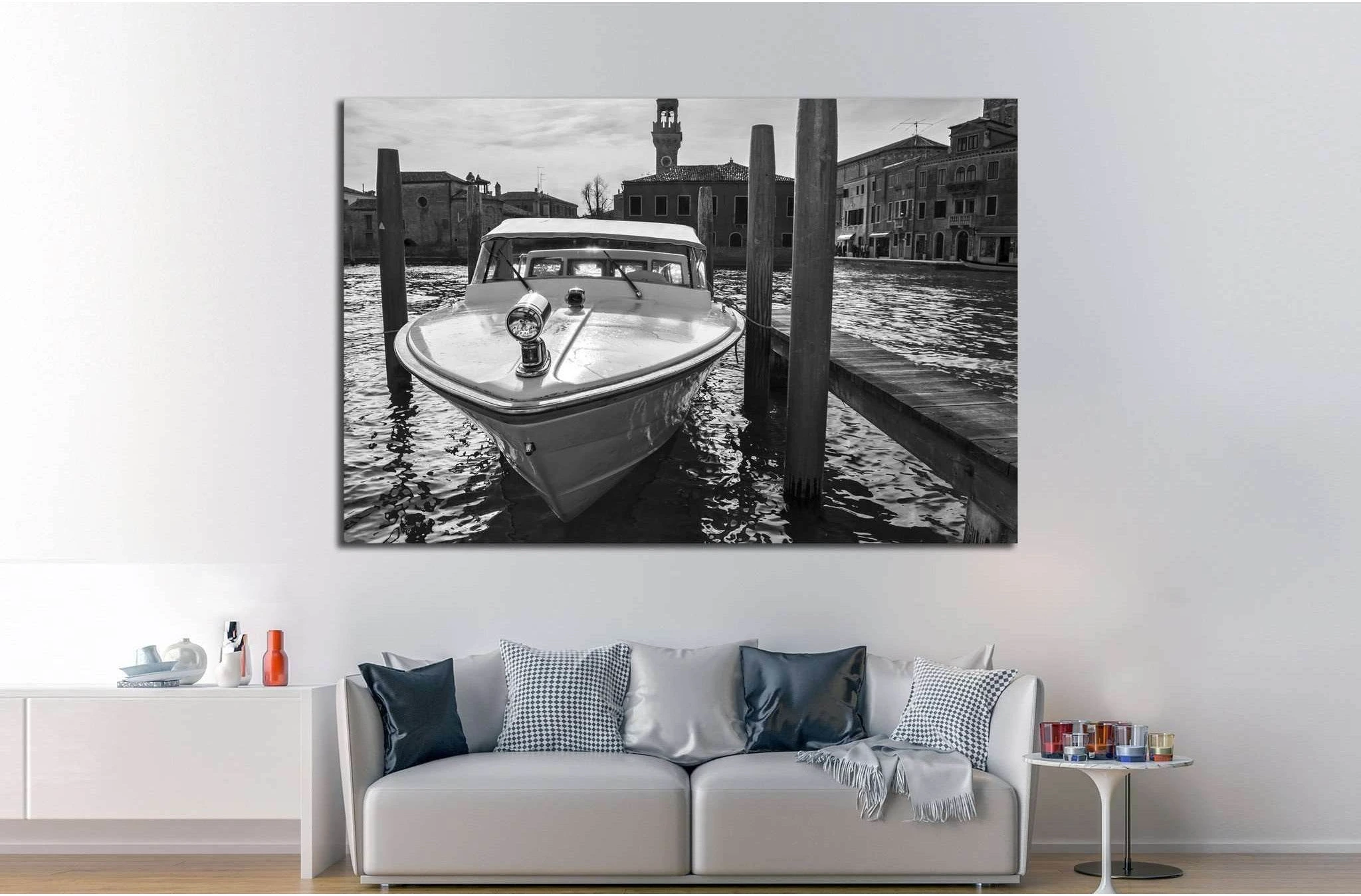 berthed boat on canal in Venice in a sunny day №1414 Ready to Hang Canvas Print - Zellart Canvas Prints ALL_Products, s-1414